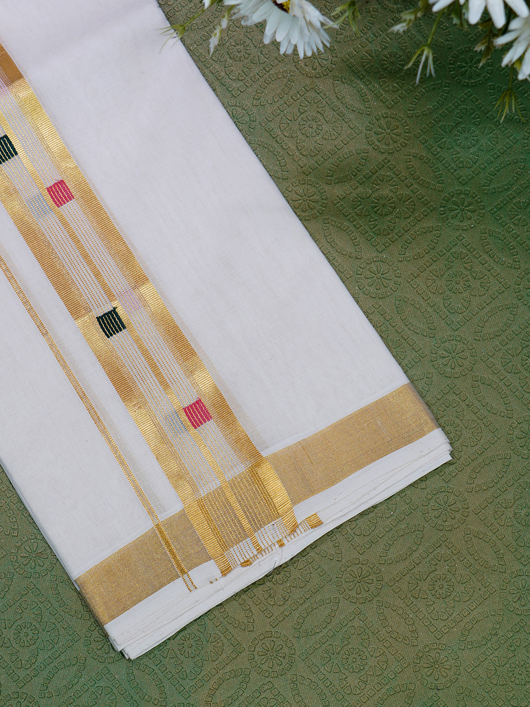 Men Premium Handloom White Dhoti with Gold Jari Border HLM41