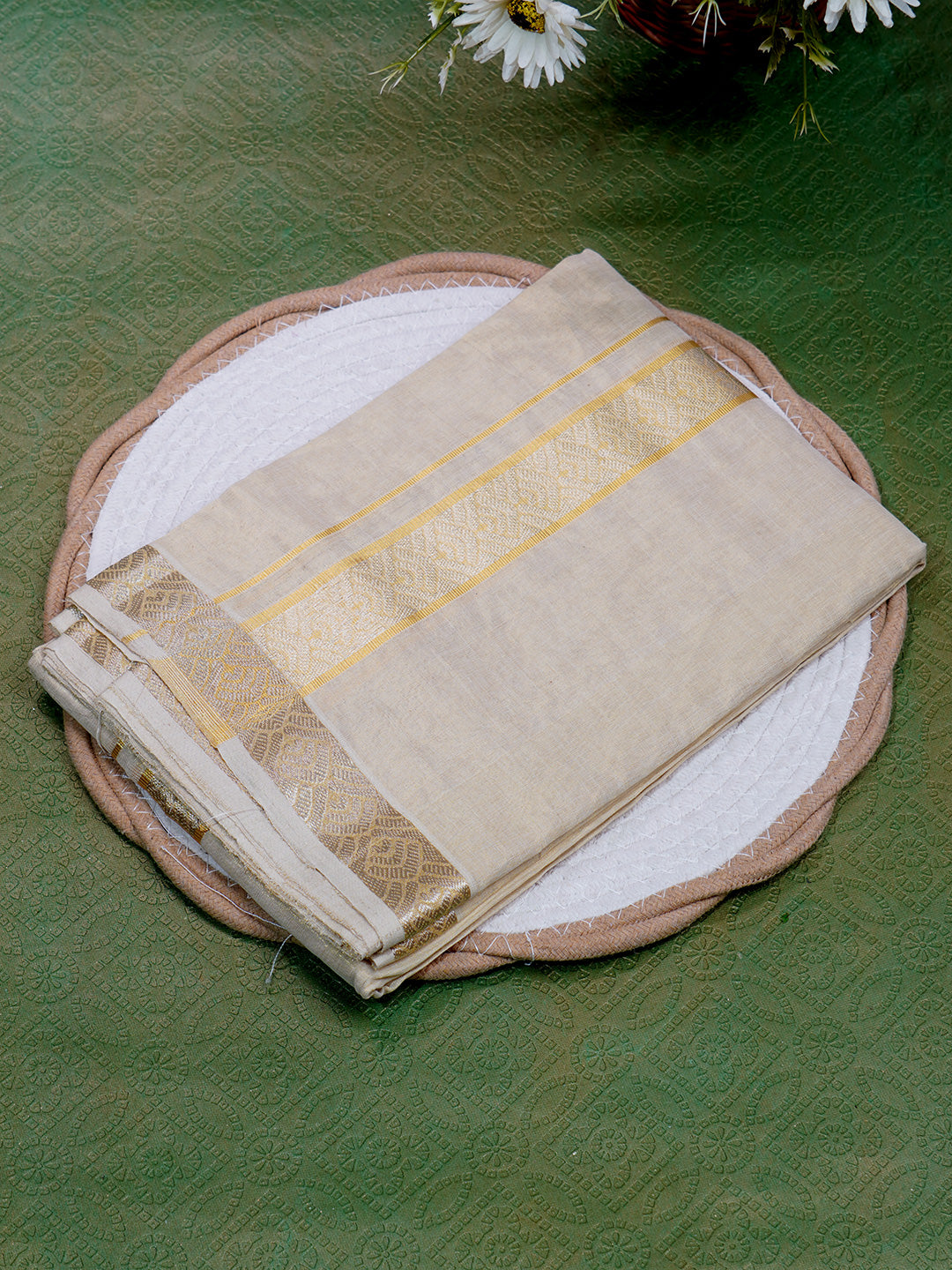 Men Premium Handloom Gold Dhoti with Jari Border HLM42