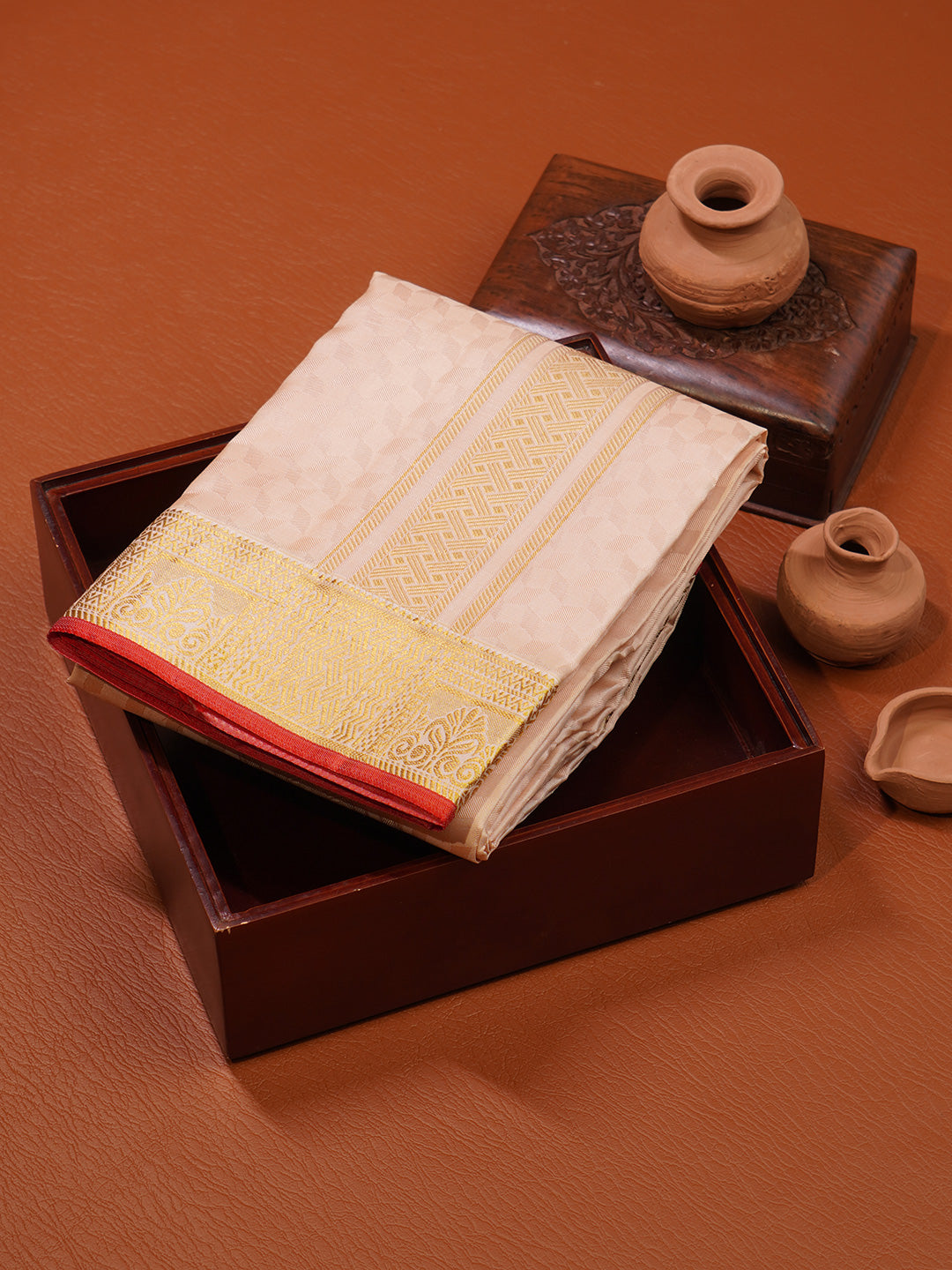 Men Pure Silk Peach Dhoti & Towel Set with 3" inch Gold Jari Border TK19
