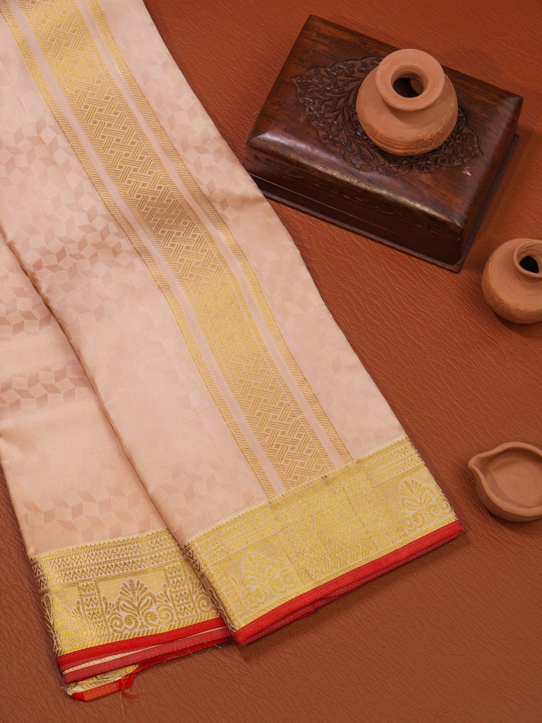 Men Pure Silk Peach Dhoti & Towel Set with 3" inch Gold Jari Border TK19