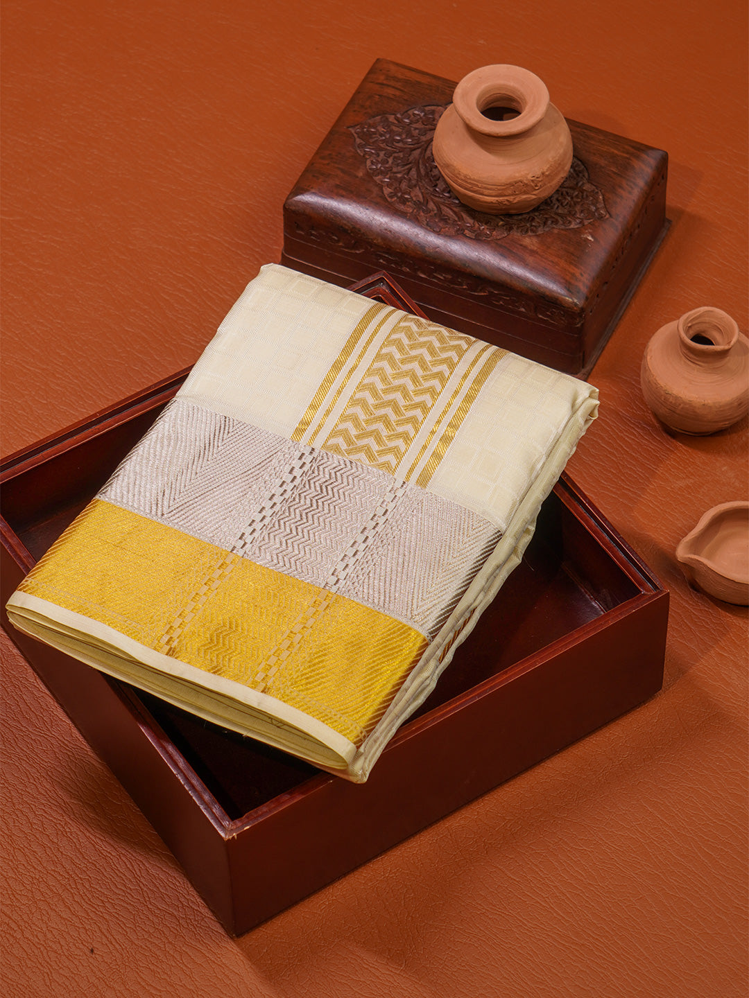 Men Pure Silk Cream Dhoti & Towel Set with 3" inch Gold Jari Border TK21