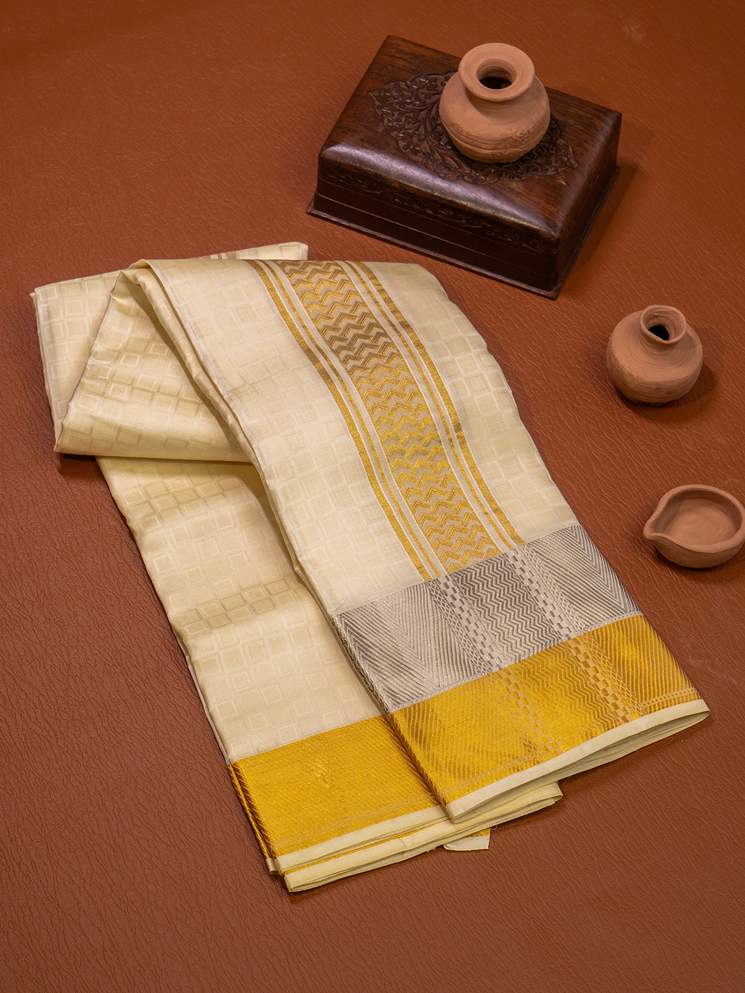 Men Pure Silk Cream Dhoti & Towel Set with 3" inch Gold Jari Border TK21
