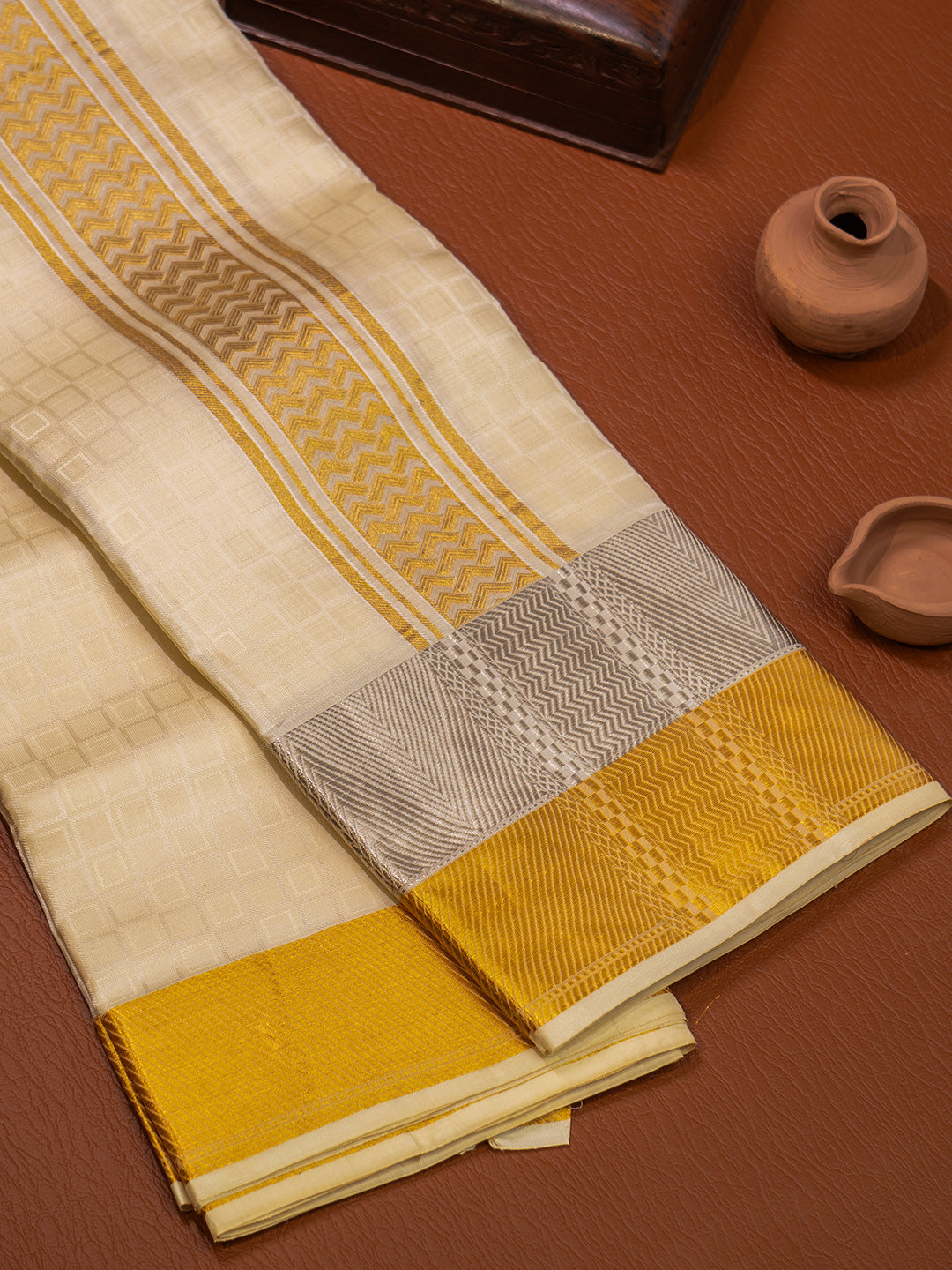 Men Pure Silk Cream Dhoti & Towel Set with 3" inch Gold Jari Border TK21
