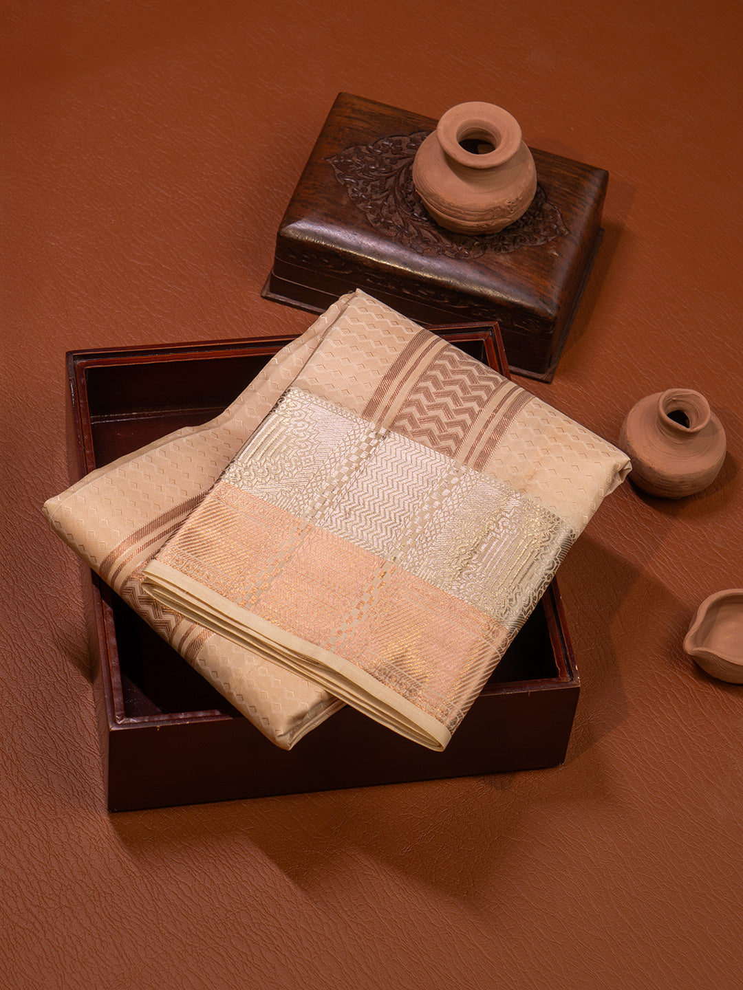 Men Pure Silk Peach Dhoti & Towel Set with 3" inch Fancy Jari Border TK24