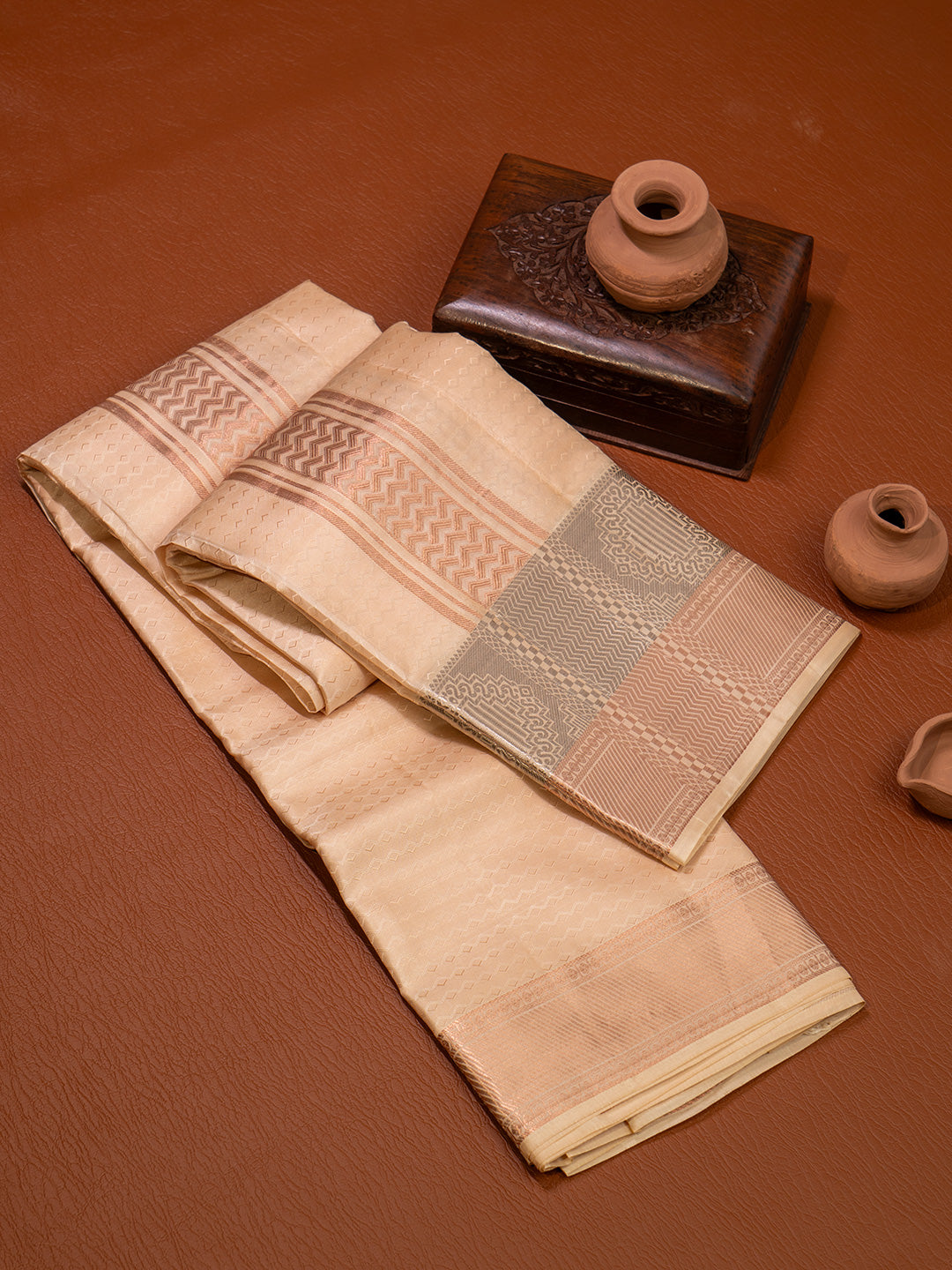 Men Pure Silk Peach Dhoti & Towel Set with 3" inch Fancy Jari Border TK24