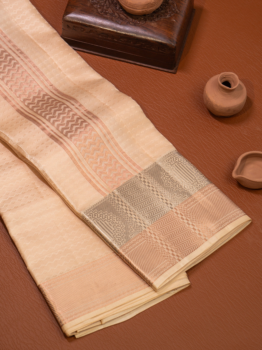 Men Pure Silk Peach Dhoti & Towel Set with 3" inch Fancy Jari Border TK24