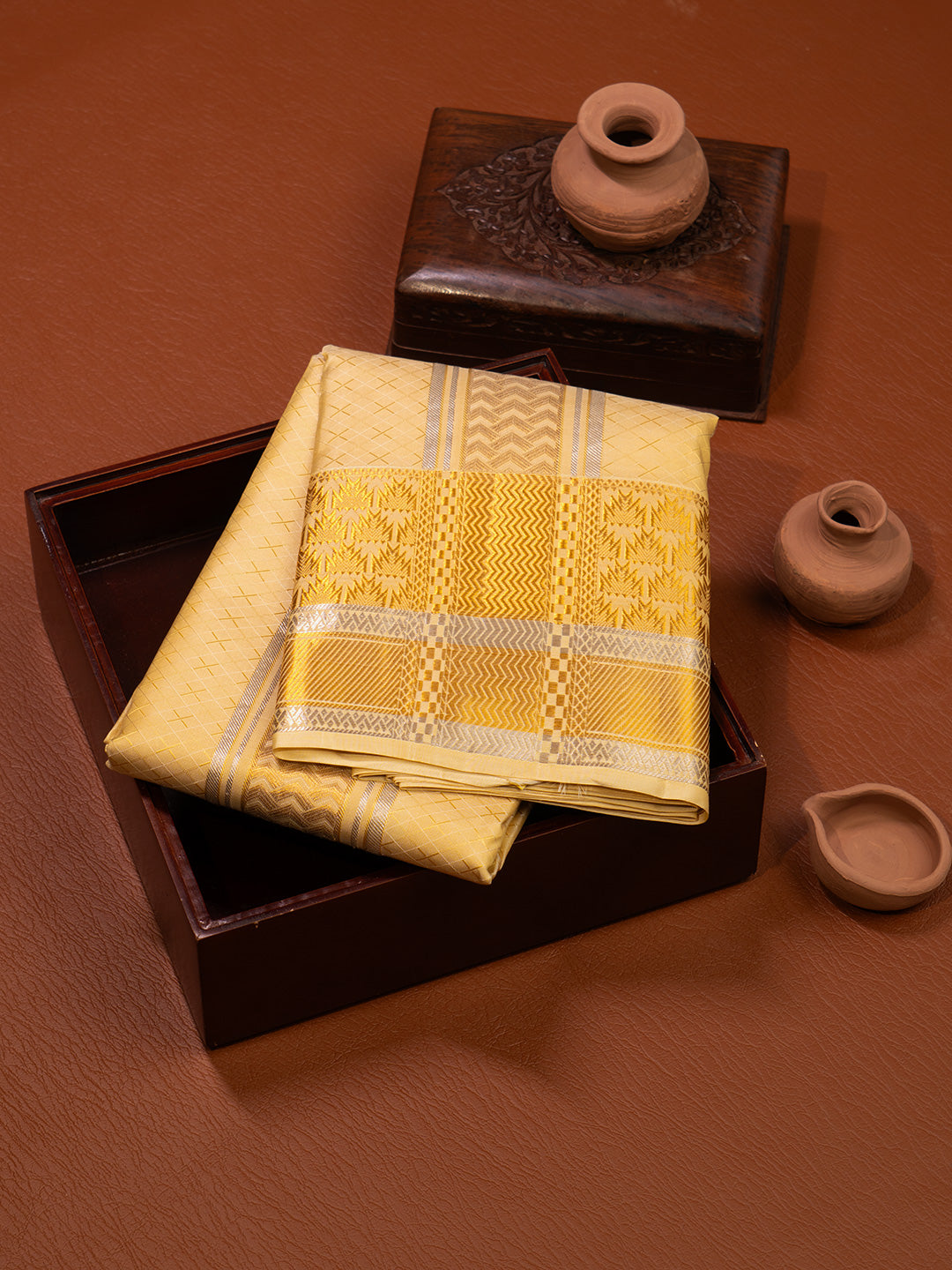 Men Pure Silk Golden Dhoti & Towel Set with 4" inch Fancy Jari Border TKC15