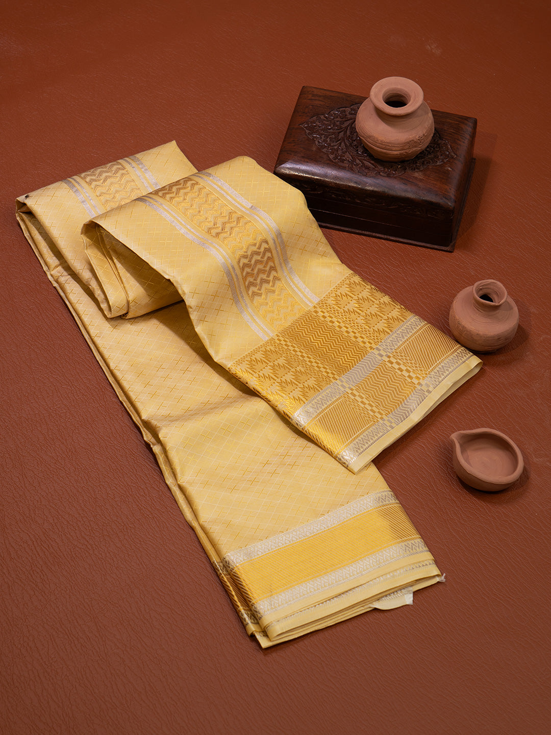 Men Pure Silk Golden Dhoti & Towel Set with 4" inch Fancy Jari Border TKC15