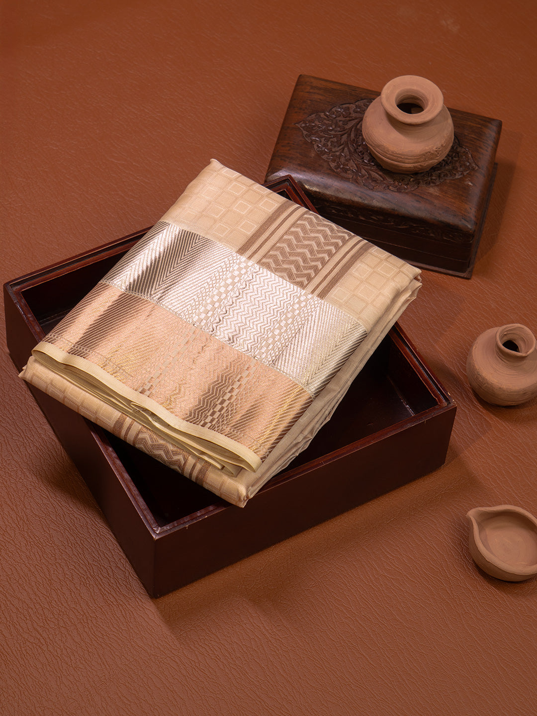 Men Pure Silk Peach Dhoti & Towel Set with 3" inch Fancy Jari Border TK23