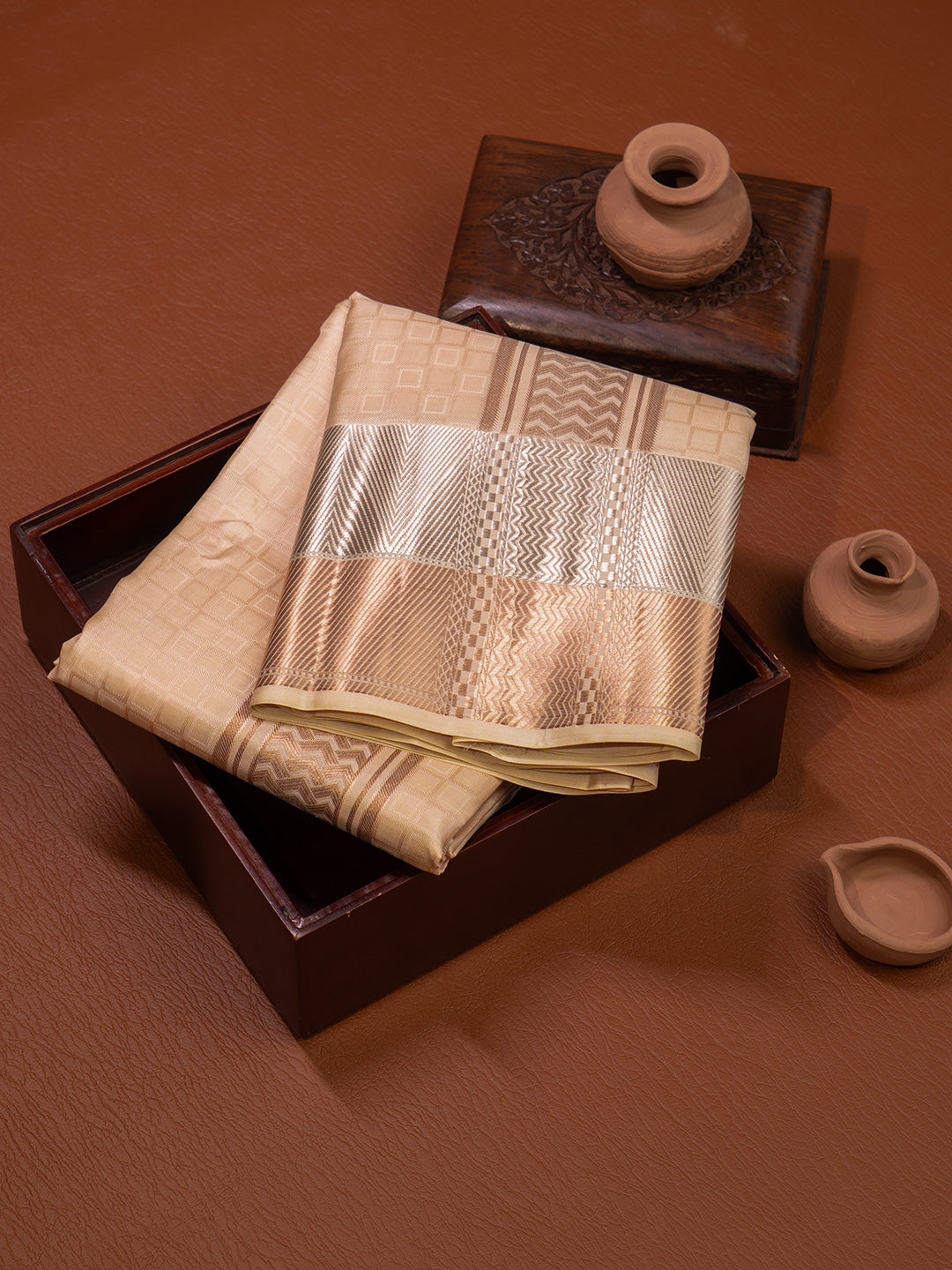 Men Pure Silk Peach Dhoti & Towel Set with 3" inch Fancy Jari Border TK23