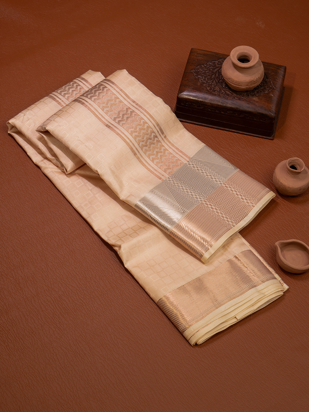 Men Pure Silk Peach Dhoti & Towel Set with 3" inch Fancy Jari Border TK23