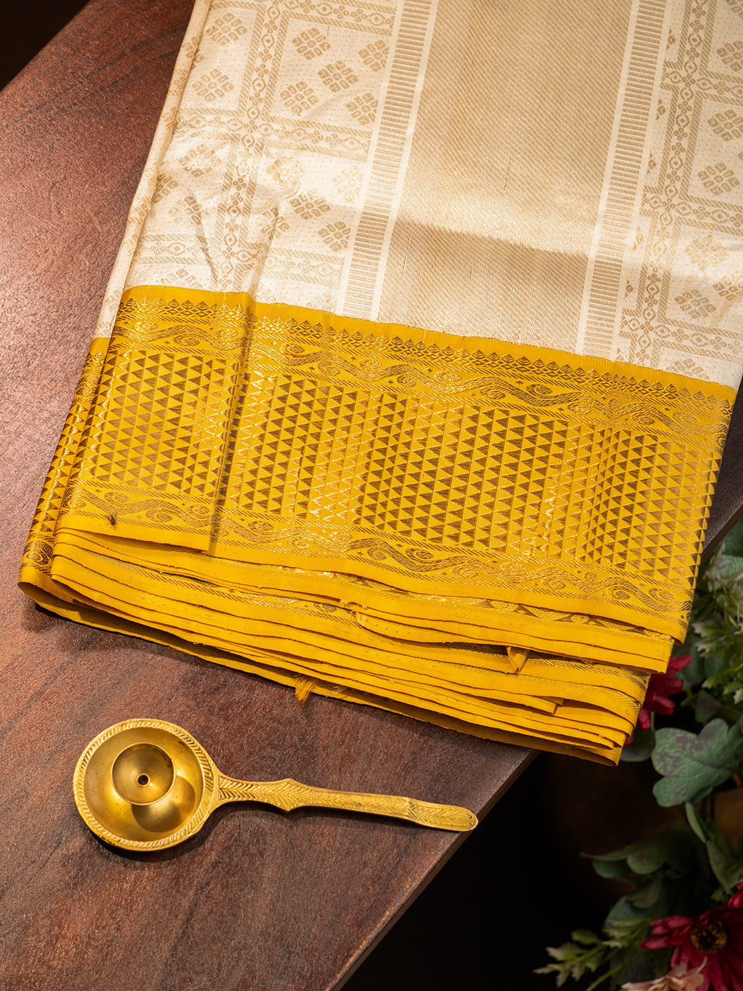 Men Premium Pure Silk OffWhite Dhoti & Towel Set with 2-gram Gold Coating Jari Border Amirtham 01