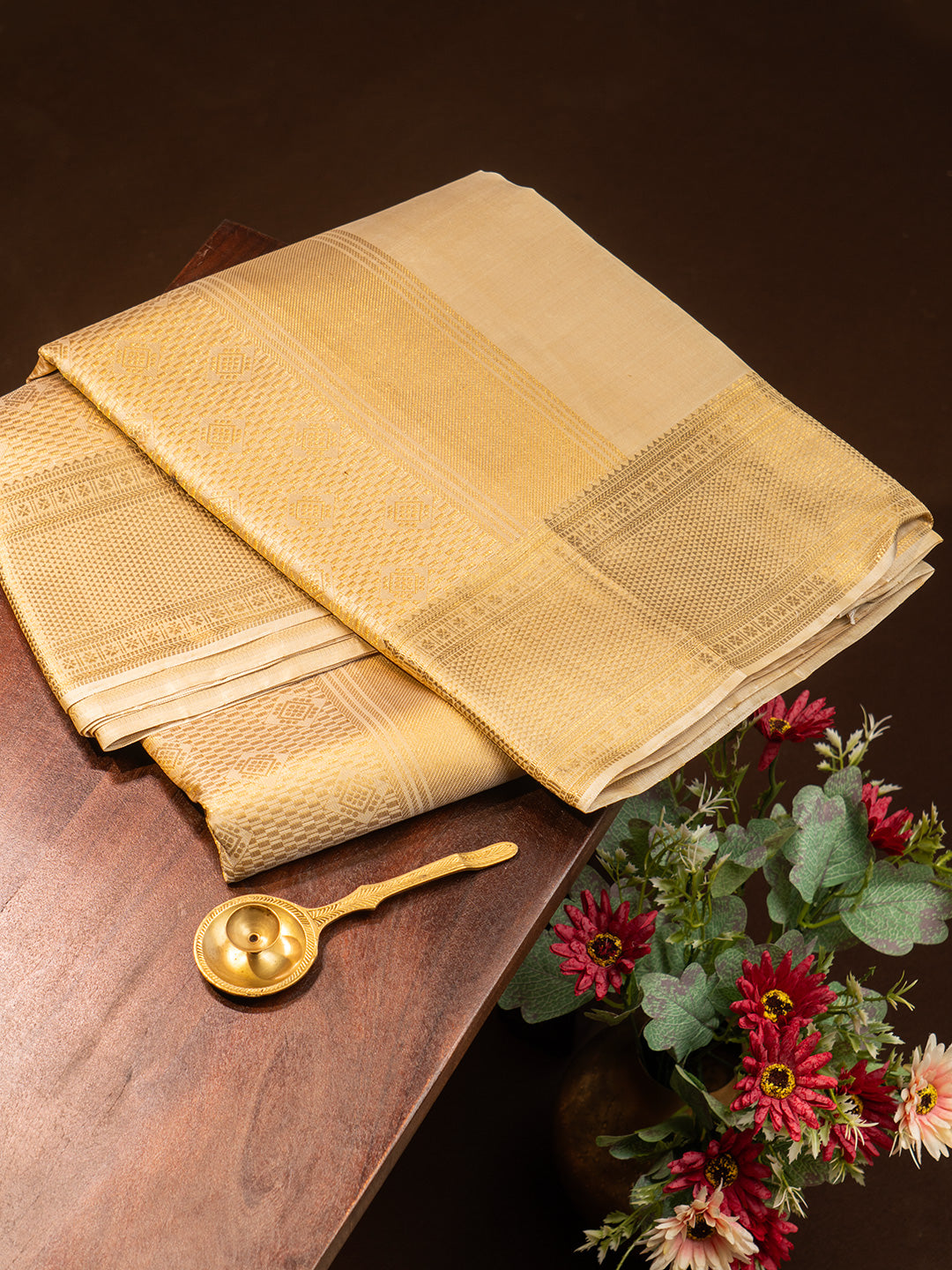 Men Premium Pure Silk Fawn Dhoti and Towel Set with 2-gram Gold Coating Jari Border Amirtham Amirtham