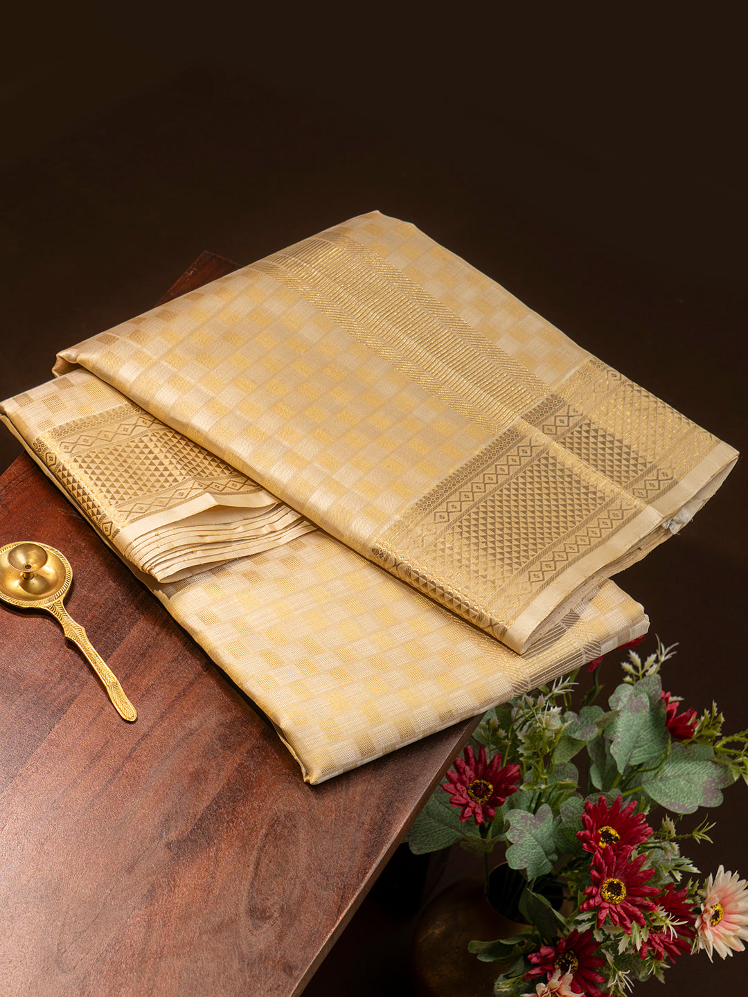 Men Luxury Pure Silk Fawn Dhoti & Towel Set with 2-gram Gold Coating Jari Border Amirtham