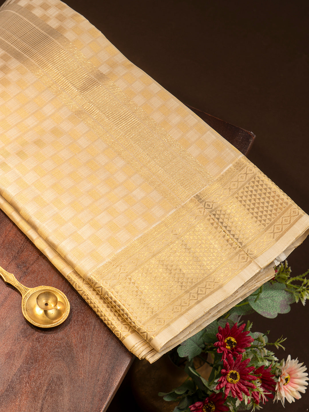 Men Luxury Pure Silk Fawn Dhoti & Towel Set with 2-gram Gold Coating Jari Border Amirtham