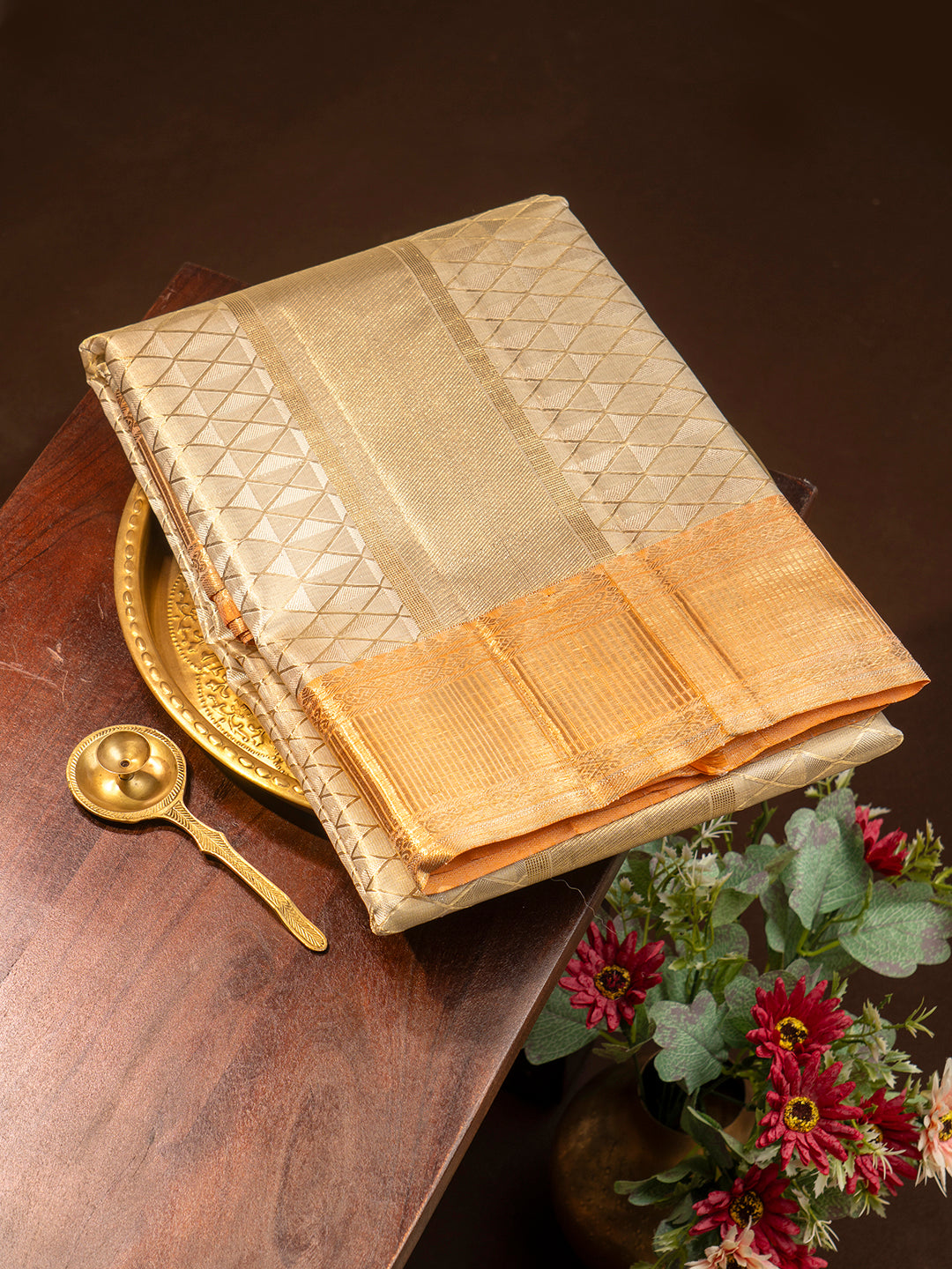 Men Premium Pure Silk Fawn Tissue Dhoti & Towel Set with 2-gram Gold Coating Jari Border Amirtham Amirtham