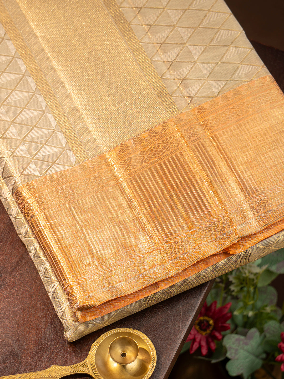 Men Premium Pure Silk Fawn Tissue Dhoti & Towel Set with 2-gram Gold Coating Jari Border Amirtham Amirtham