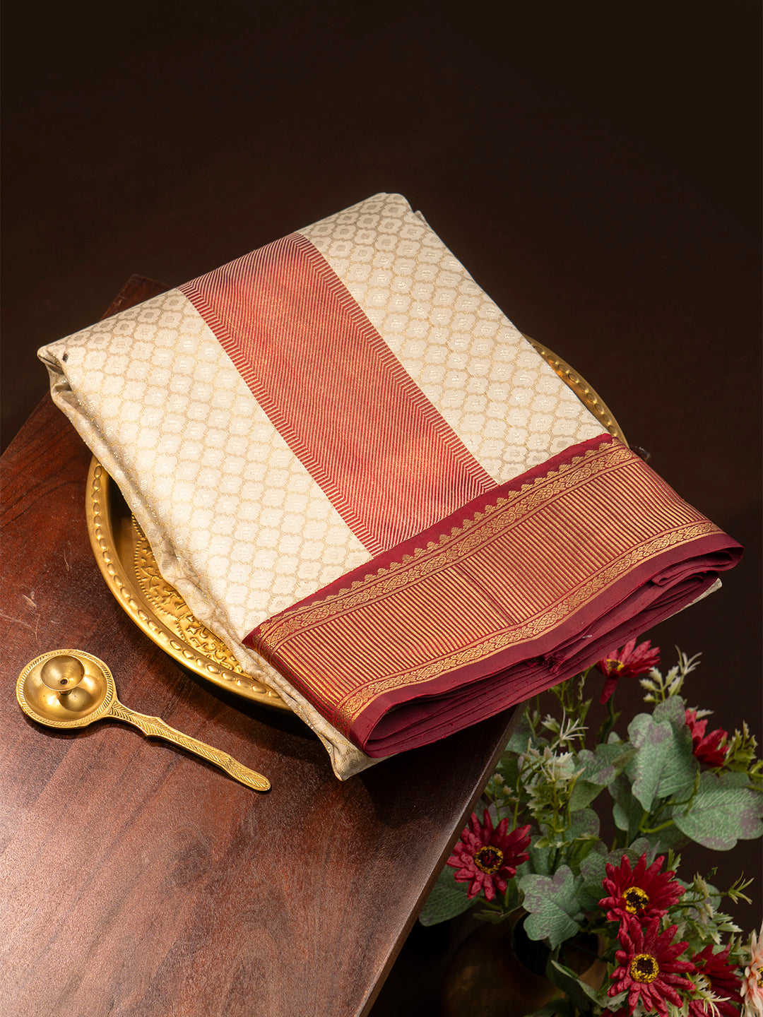 Men Premium Pure Silk OffWhite Dhoti & Towel Set with 2-gram Gold Coating Jari Border Amirtham