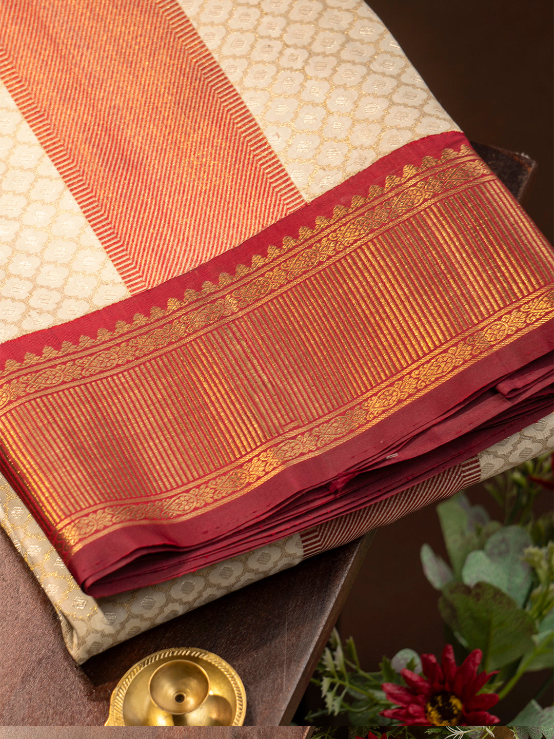 Men Premium Pure Silk OffWhite Dhoti & Towel Set with 2-gram Gold Coating Jari Border Amirtham