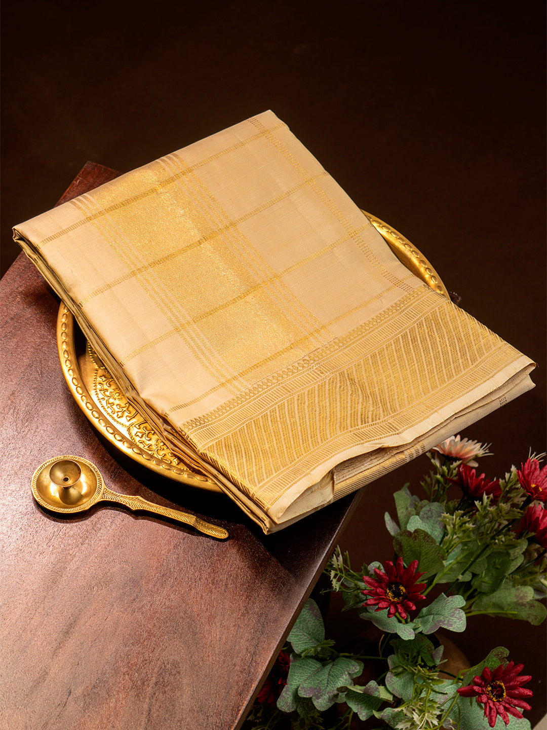 Men Premium Pure Silk Fawn Dhoti & Towel Set with 4" inch Gold Jari Border Amirtham