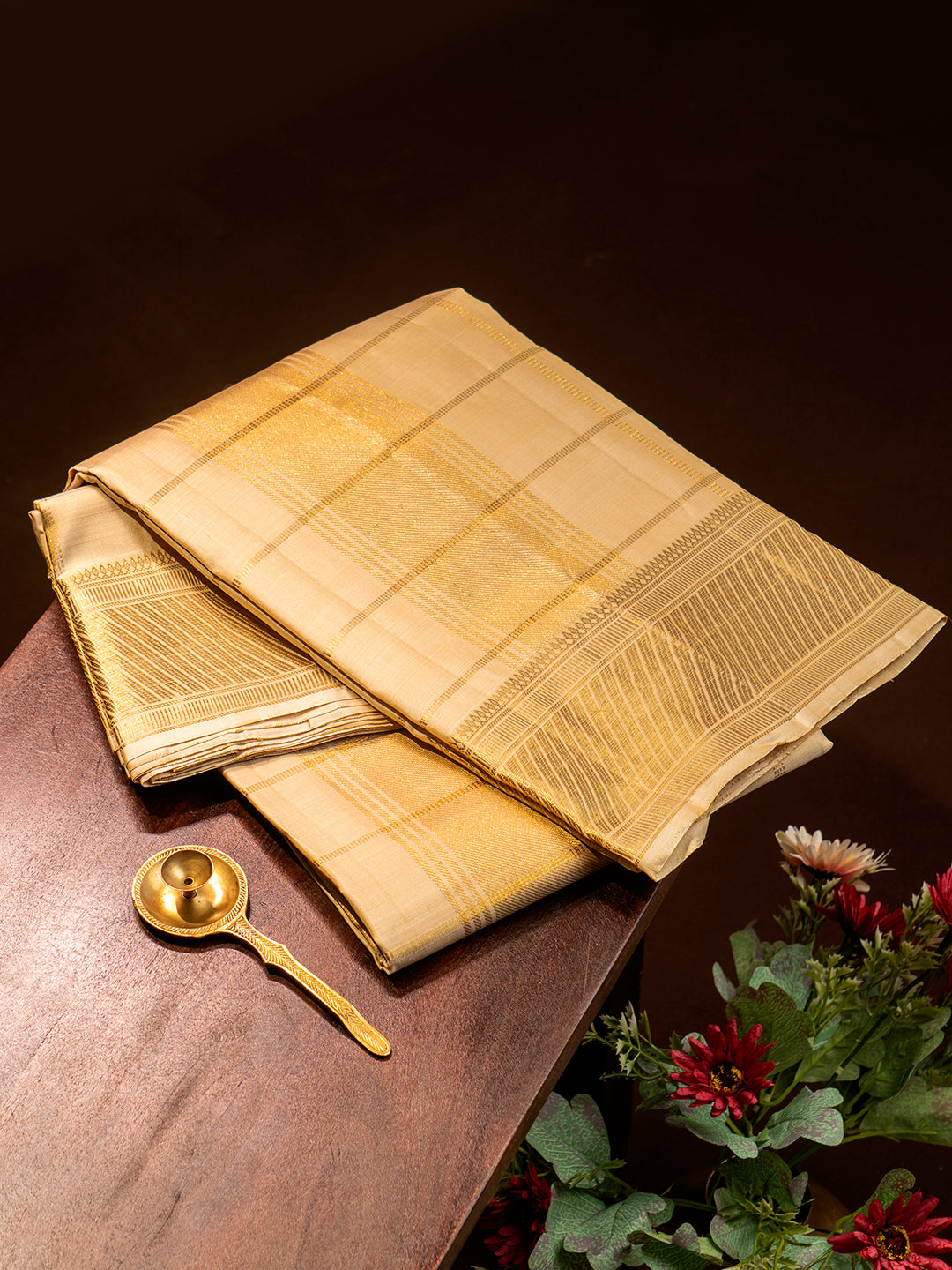 Men Premium Pure Silk Fawn Dhoti & Towel Set with 4" inch Gold Jari Border Amirtham