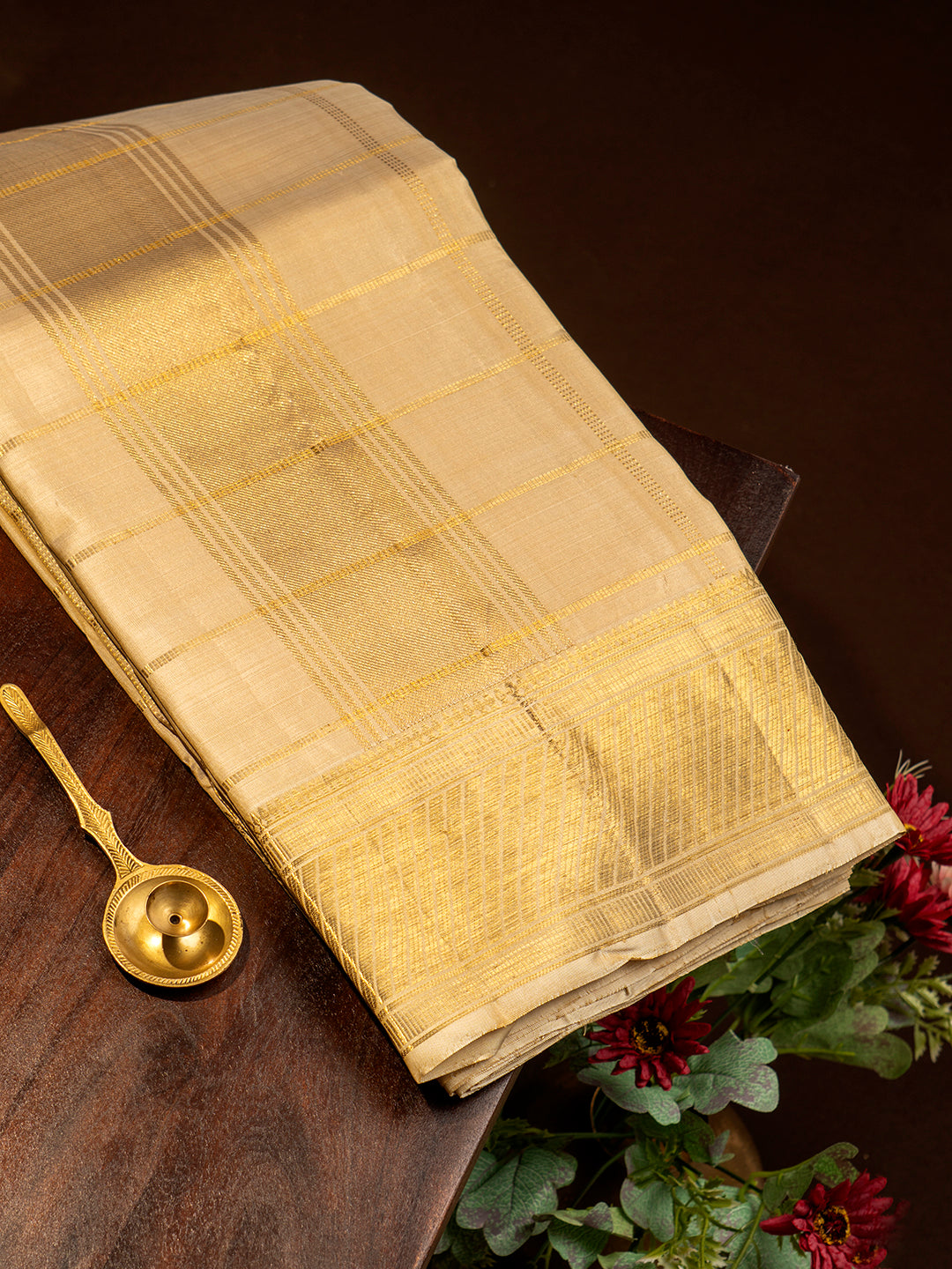 Men Premium Pure Silk Fawn Dhoti & Towel Set with 4" inch Gold Jari Border Amirtham