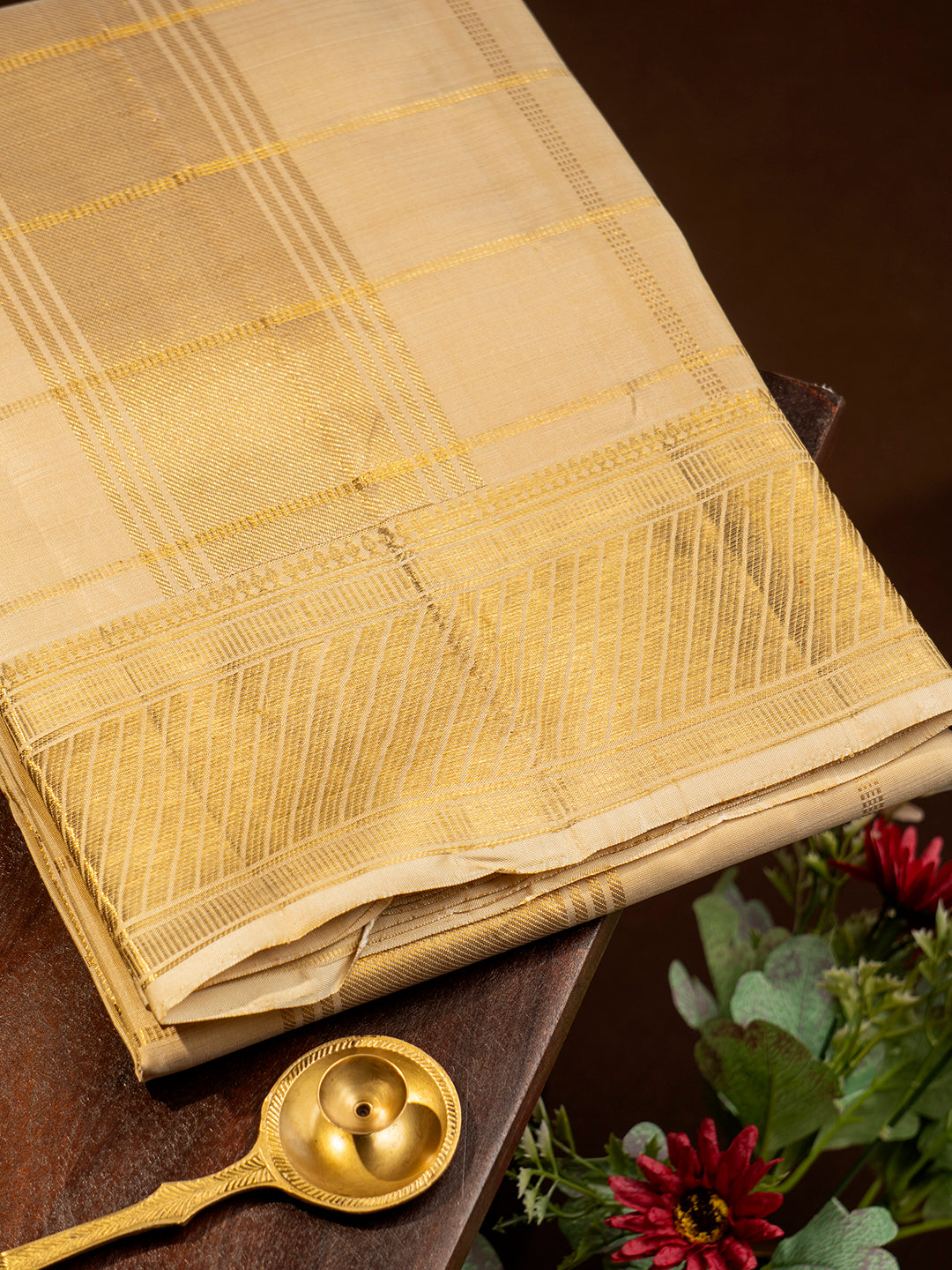 Men Premium Pure Silk Fawn Dhoti & Towel Set with 4" inch Gold Jari Border Amirtham