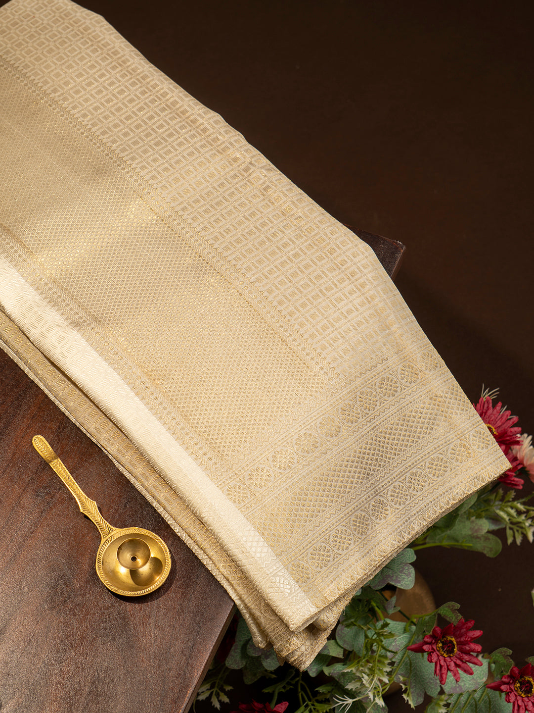 Men Premium Pure Silk Cream Tissue Emboss Design Dhoti & Towel Set 2-gram Gold Coating Jari Border Amirtham