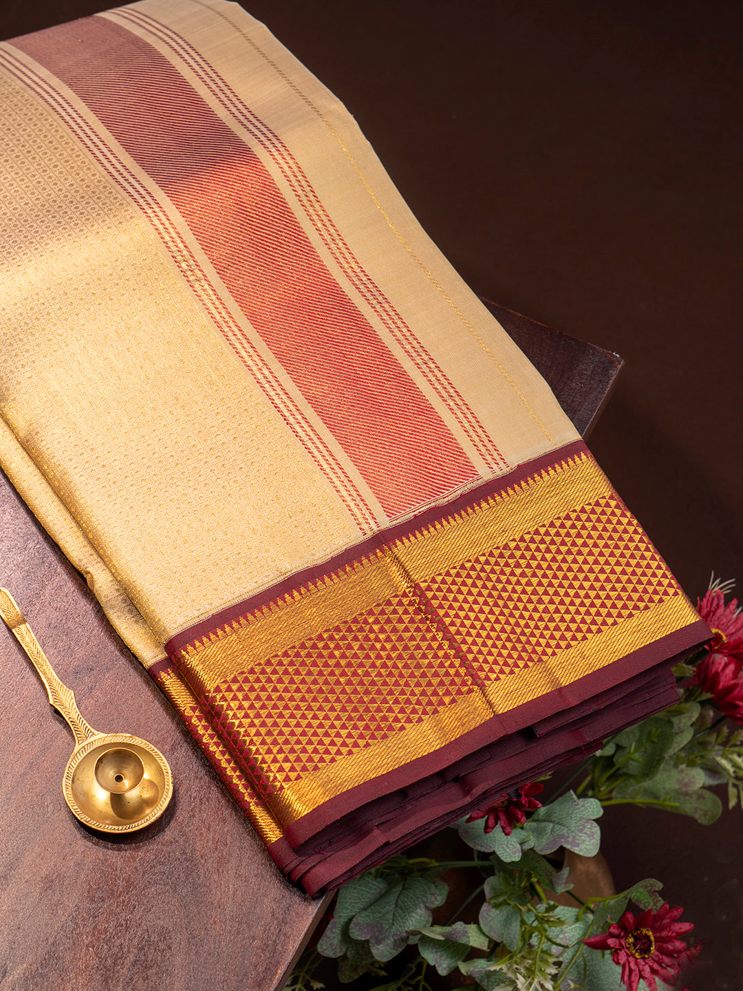 Men Premium Pure Silk Fawn Dhoti & Towel Set with 2-gram Gold Coating Jari Border Amirtham 02