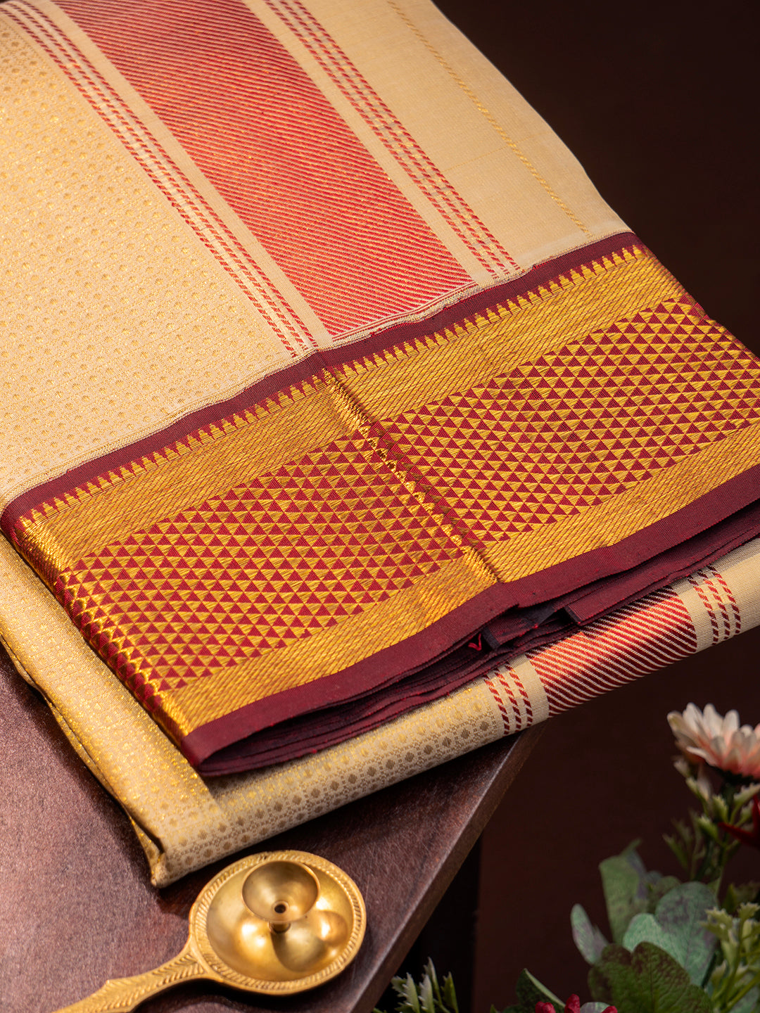 Men Premium Pure Silk Fawn Dhoti & Towel Set with 2-gram Gold Coating Jari Border Amirtham 02