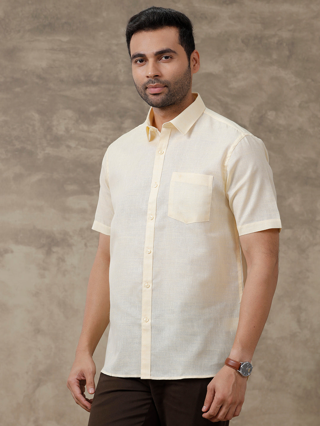 Men Cotton Blend Shirt Half Sleeves Yellow CV1