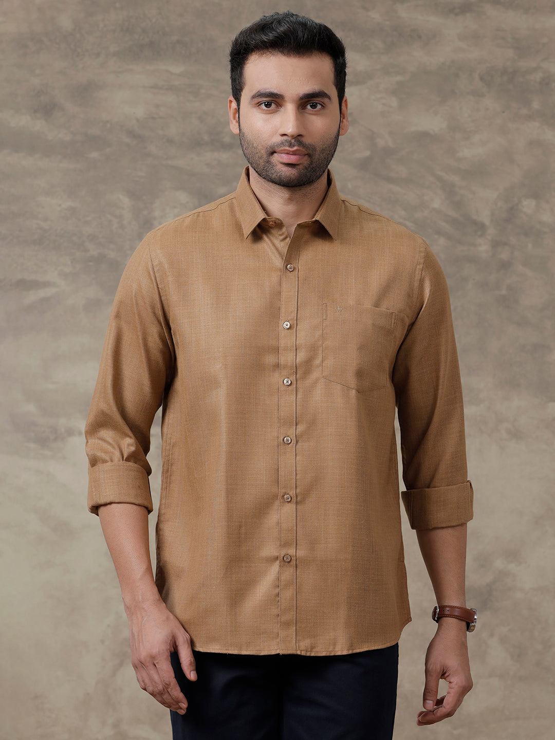 Men Cotton Blend Shirt Dark Brown T41 TQ6