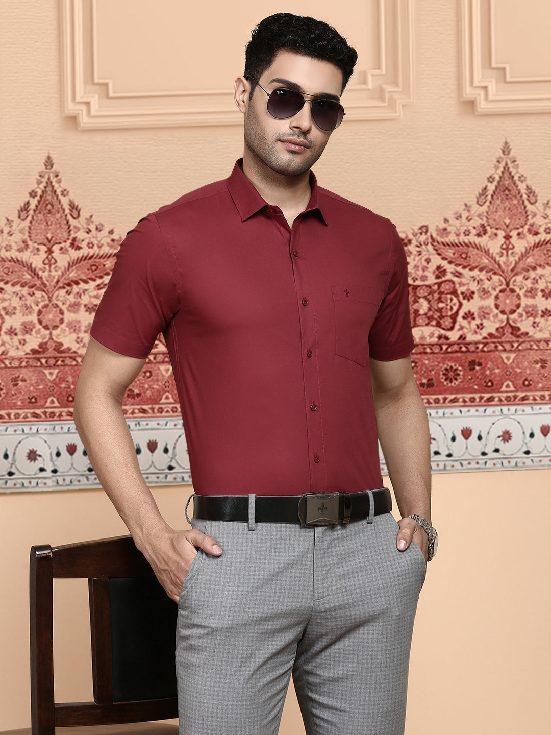 Mens Cotton Spandex 2 Way Stretch Shirt Maroon LY6