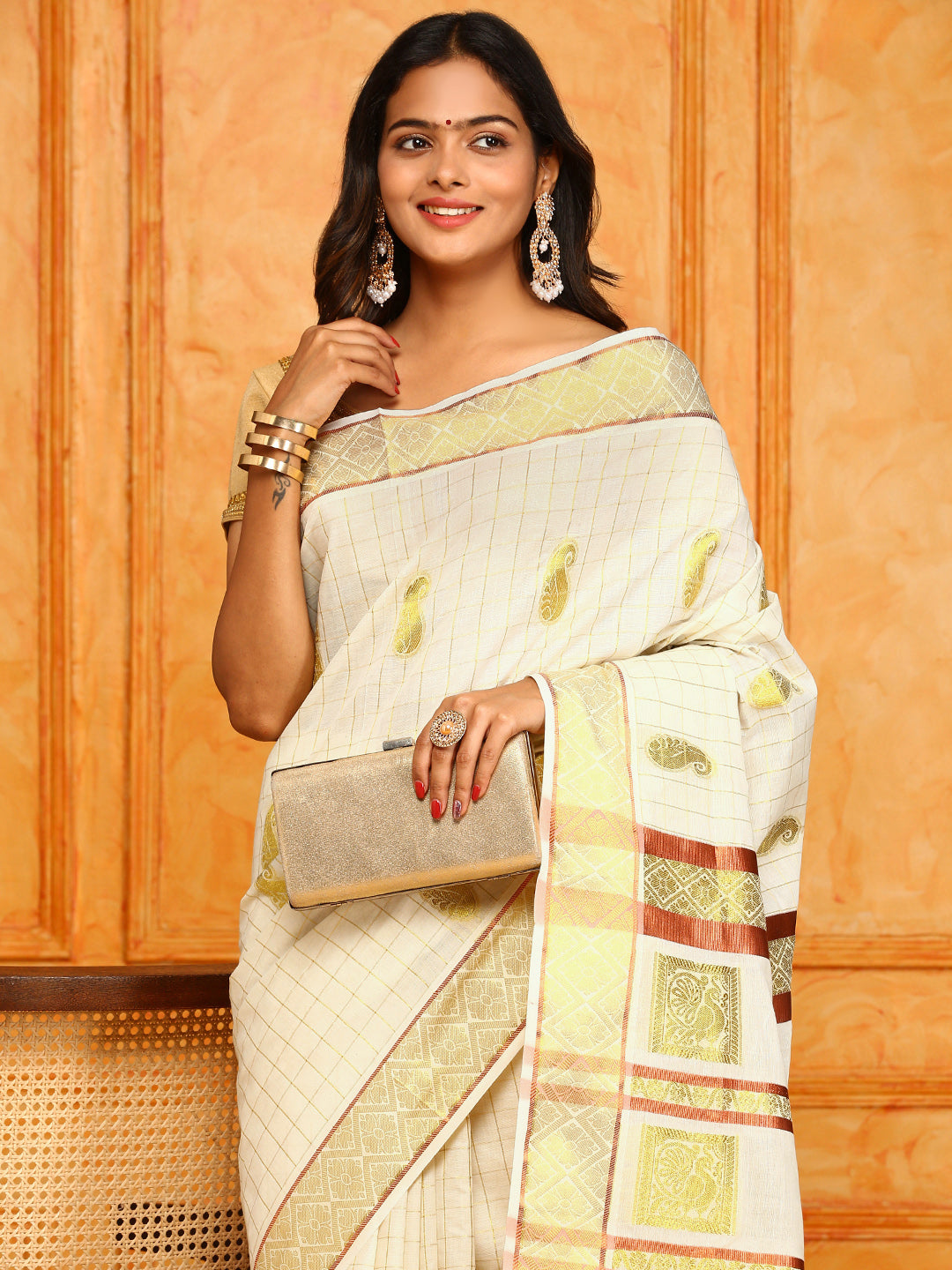 Kerala Cream Gold Jari Weaving Saree KS96