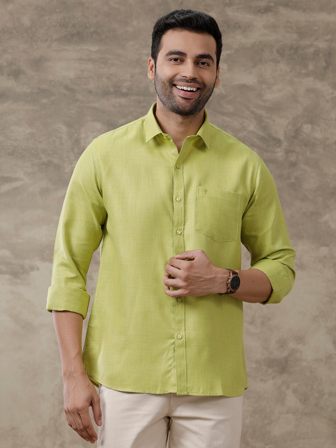 Men Cotton Rich Shirt Green T41 TQ2