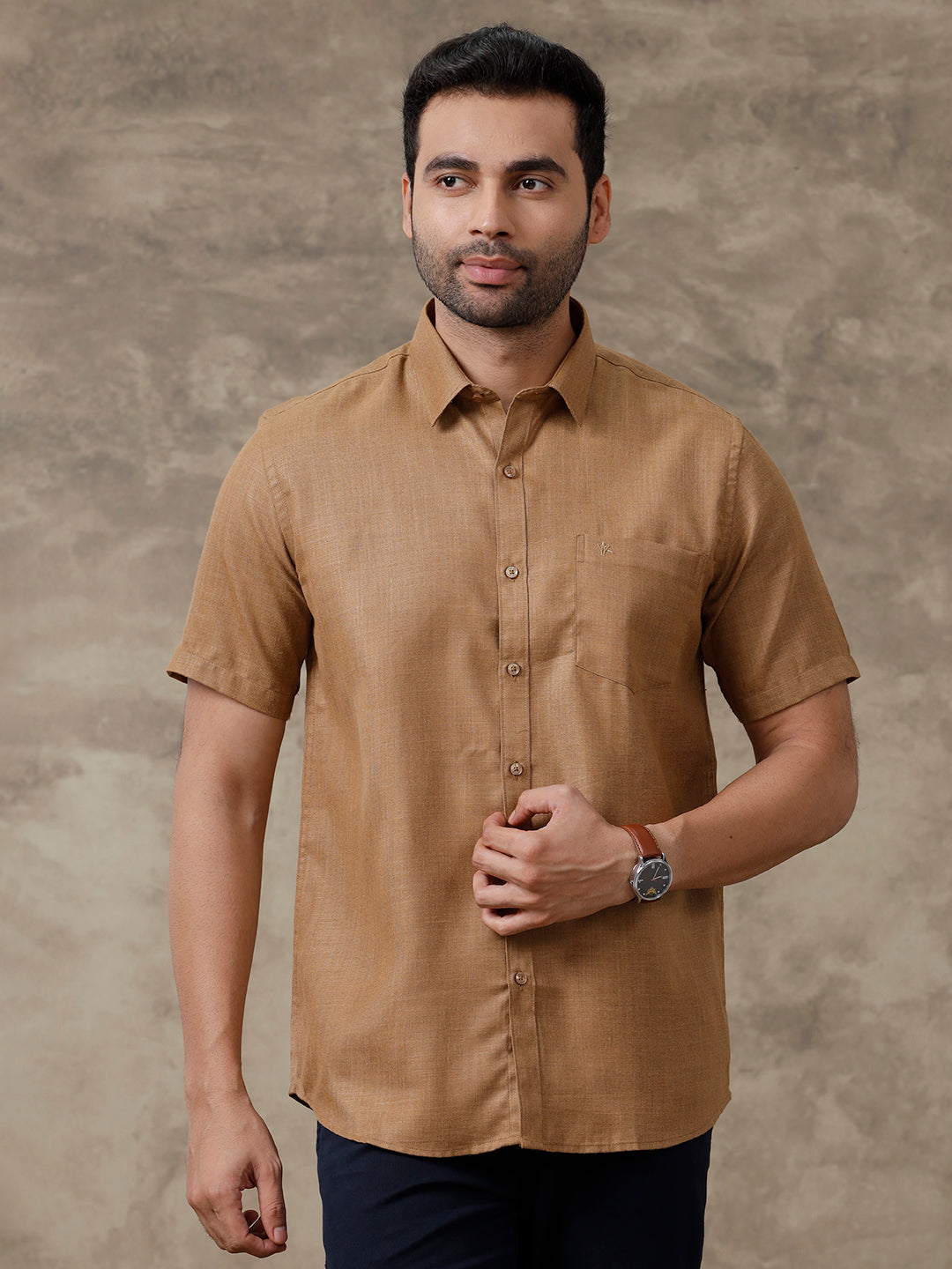 Men Cotton Blend Shirt Dark Brown T41 TQ6