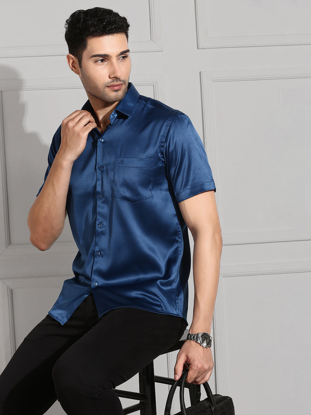 Men Party Wear Navy Shirt PS4