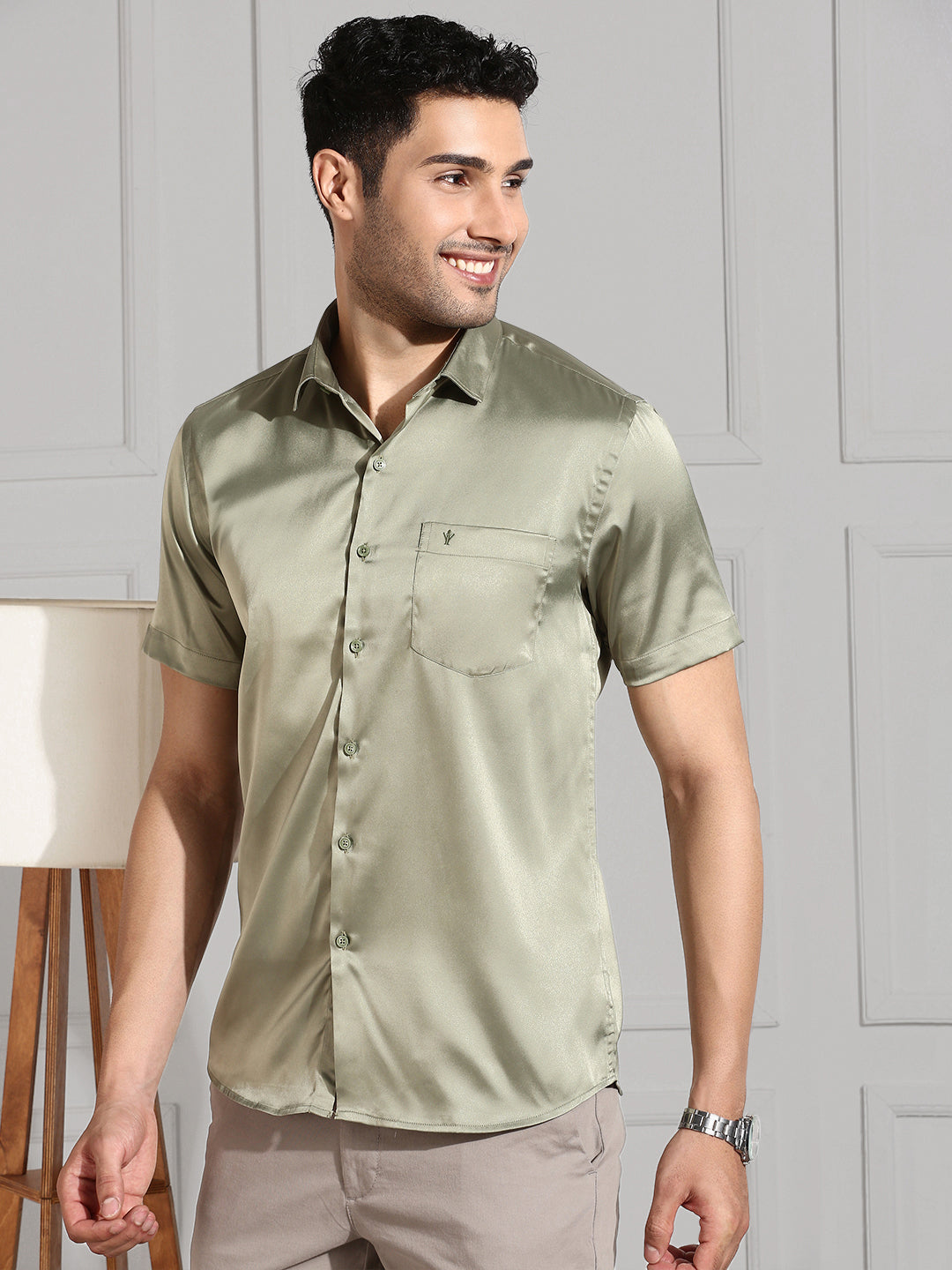 Mens Party Wear Olive Green Shirt PS1