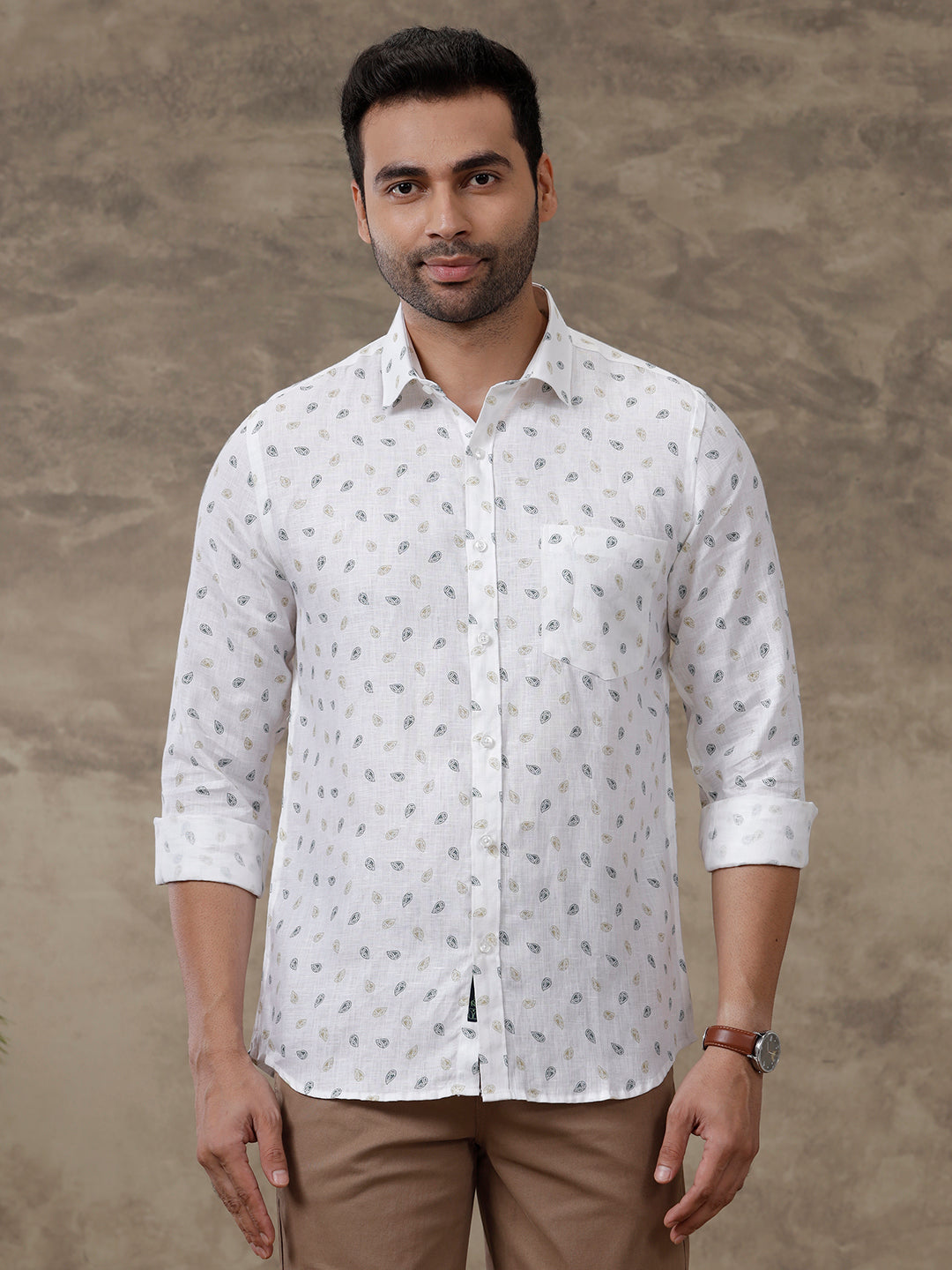 Mens Pure Linen Printed Shirt White