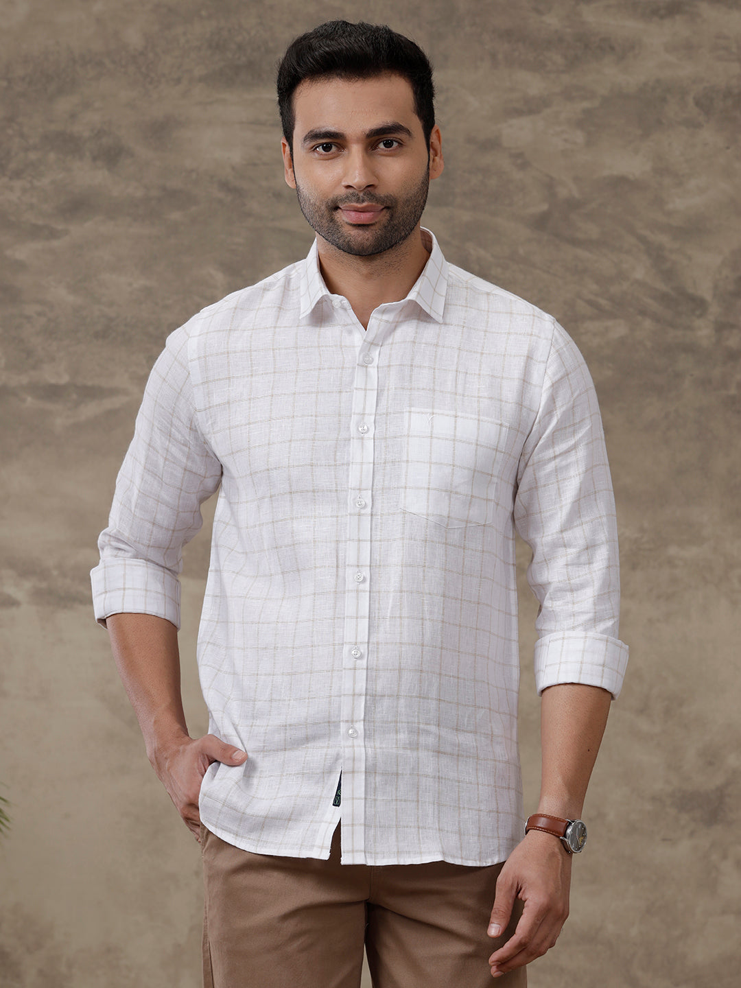 Men Pure Linen Checked Shirt White - LS51