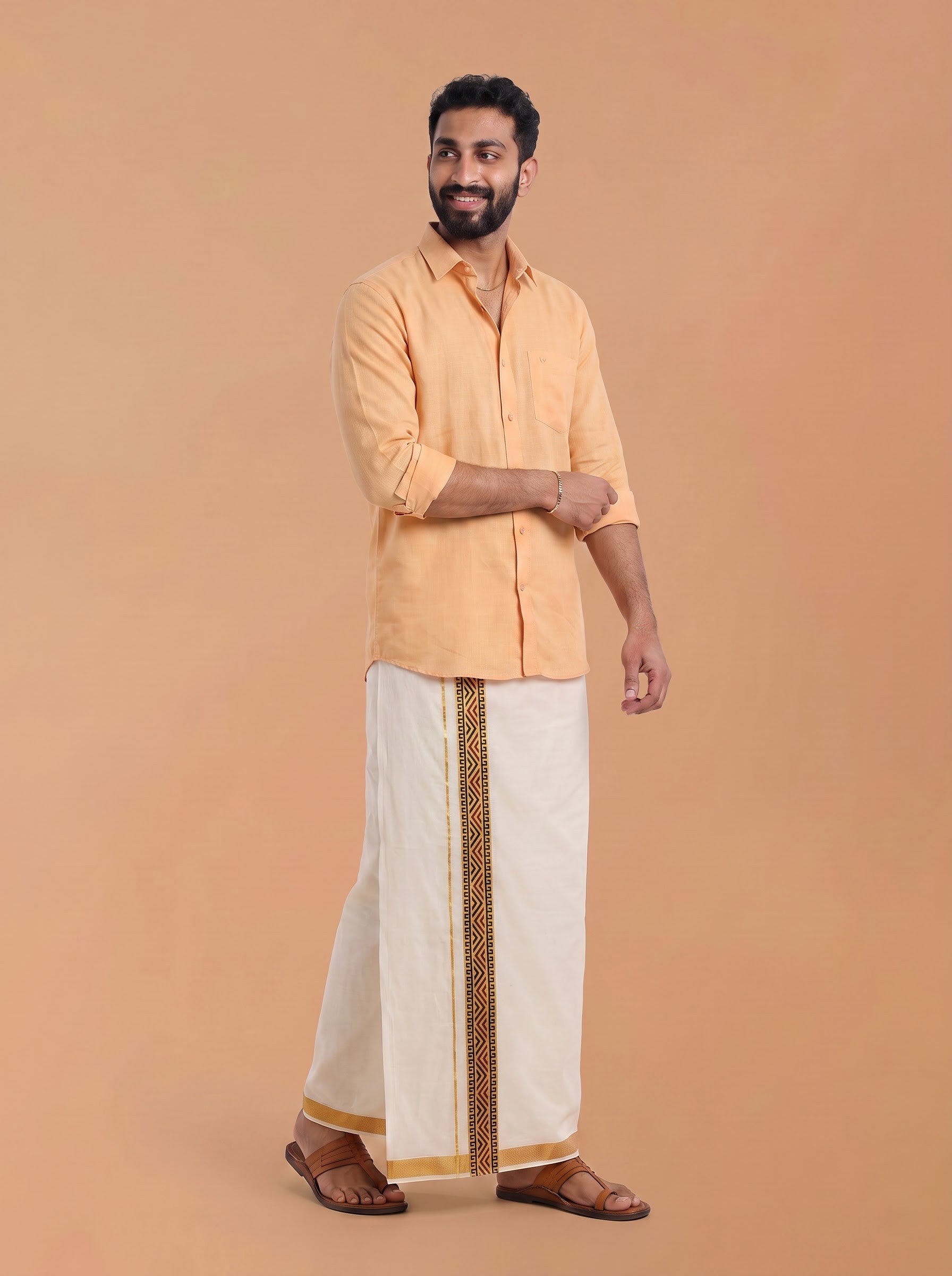 Double Layer Kora Cotton Cream Dhoti with Colour Border - HF Gold HFG04