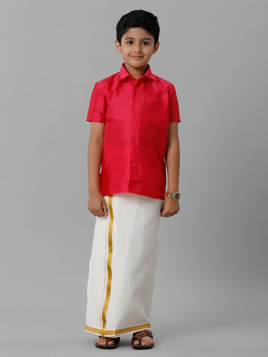 Boys Silk Cotton Shirt with Dhoti Set Dark Pink