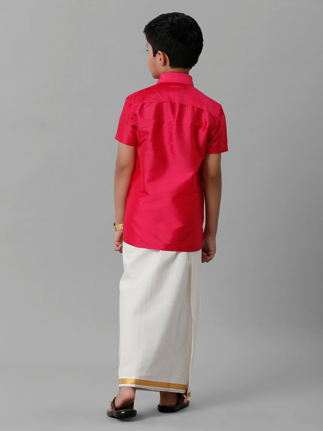 Boys Silk Cotton Shirt with Dhoti Set Dark Pink-Back view