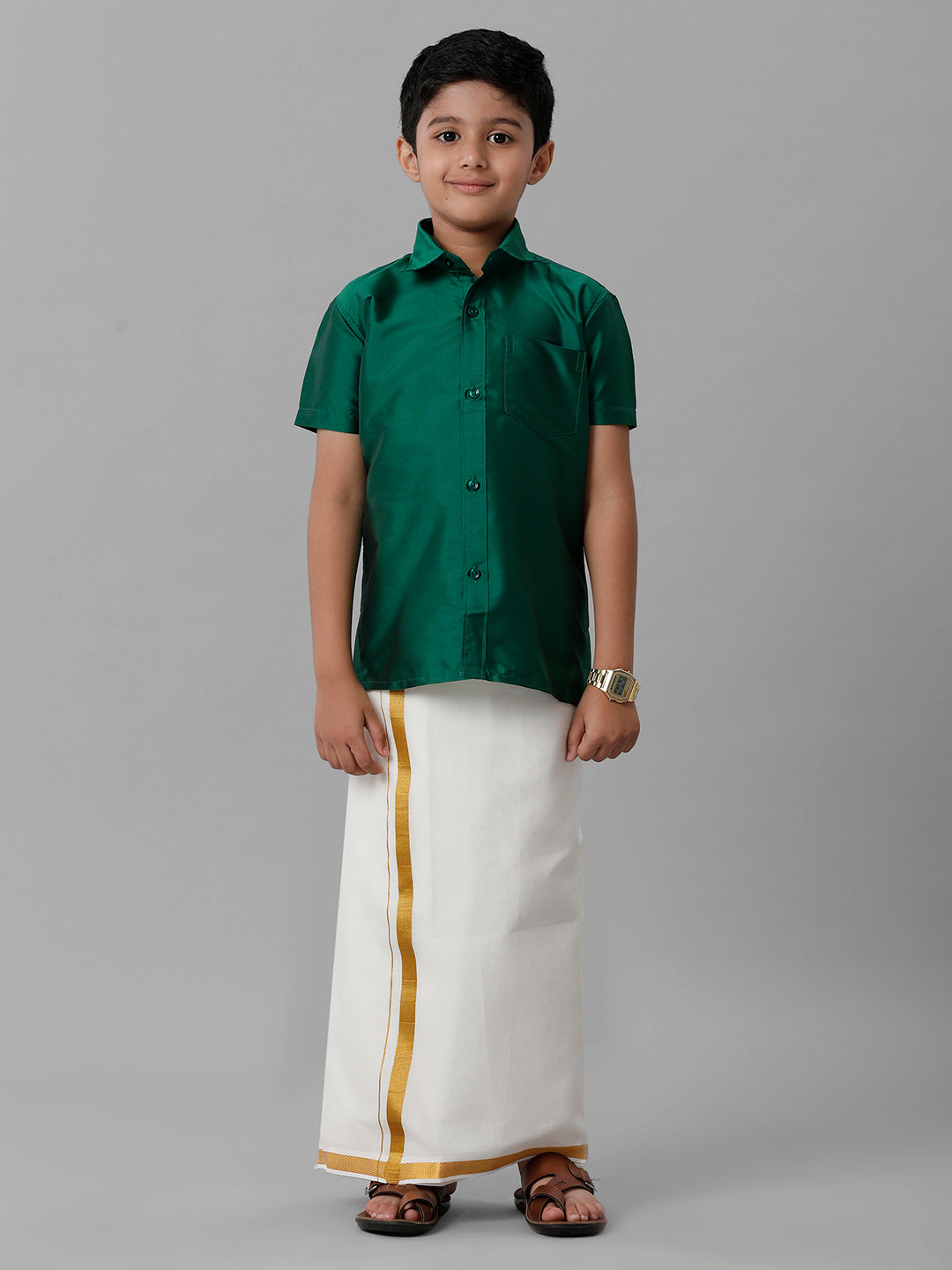 Boys Silk Cotton Green Half Sleeves Shirt with Adjustable Cream Dhoti Combo K9