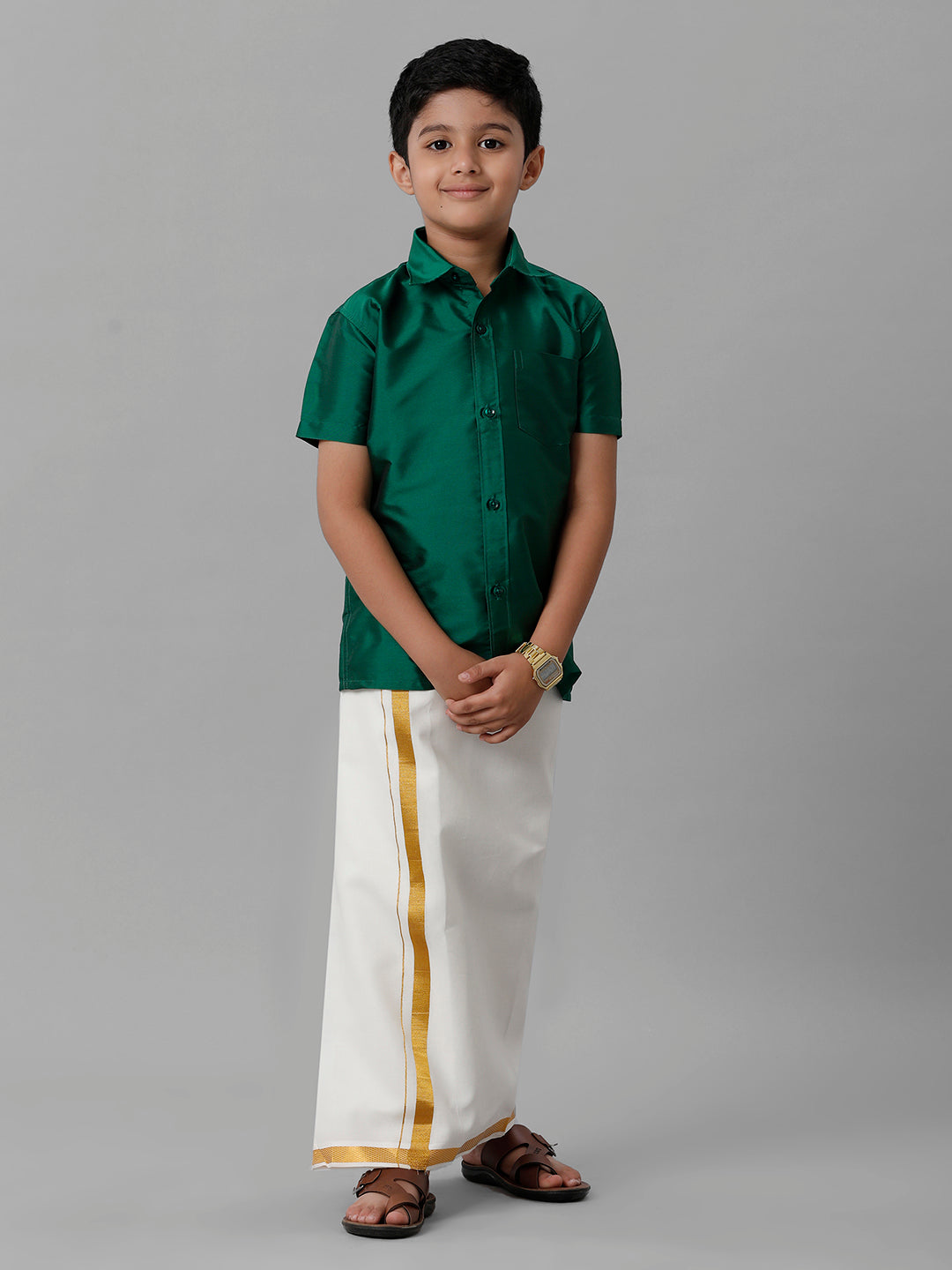 Boys Silk Cotton Green Half Sleeves Shirt with Adjustable Cream Dhoti Combo K9-Front view