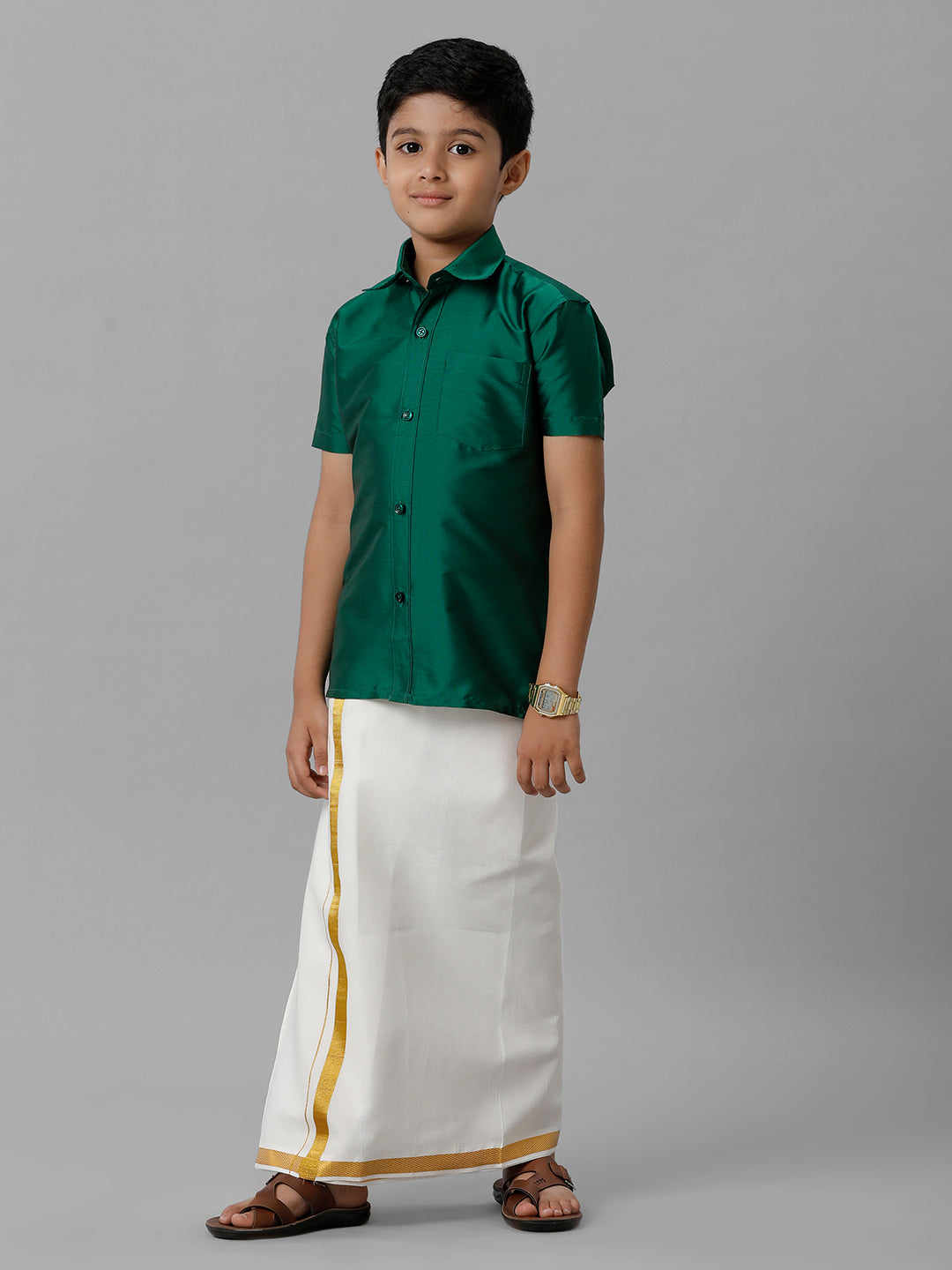 Boys Silk Cotton Shirt with Dhoti Set Green-Side view