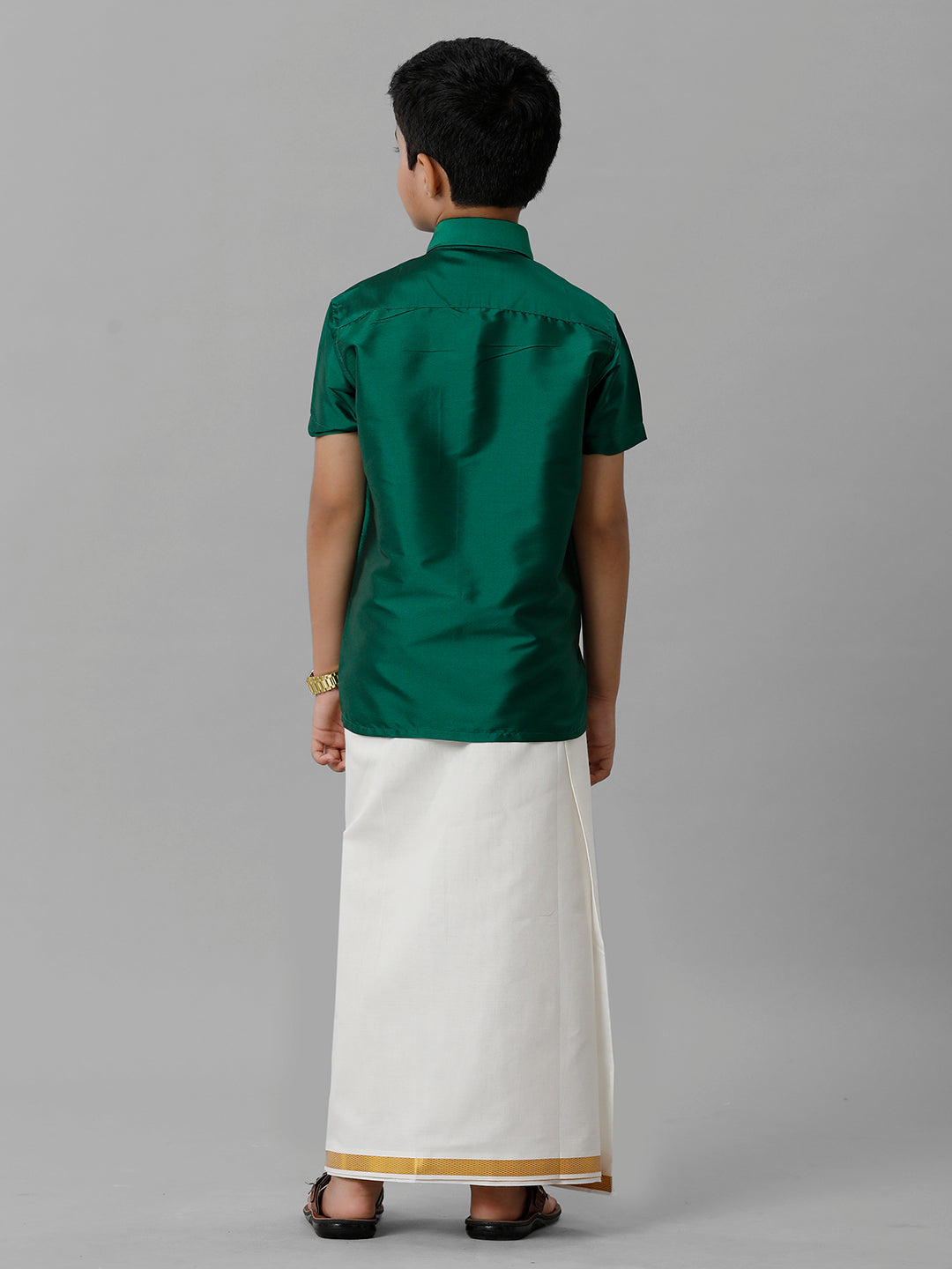 Boys Silk Cotton Green Half Sleeves Shirt with Adjustable Cream Dhoti Combo K9-Back view
