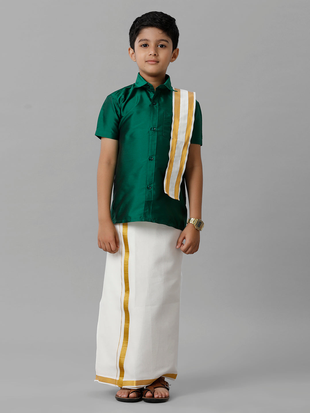 Boys Silk Cotton Green Half Sleeves Shirt with Adjustable Cream Dhoti Towel Combo K9