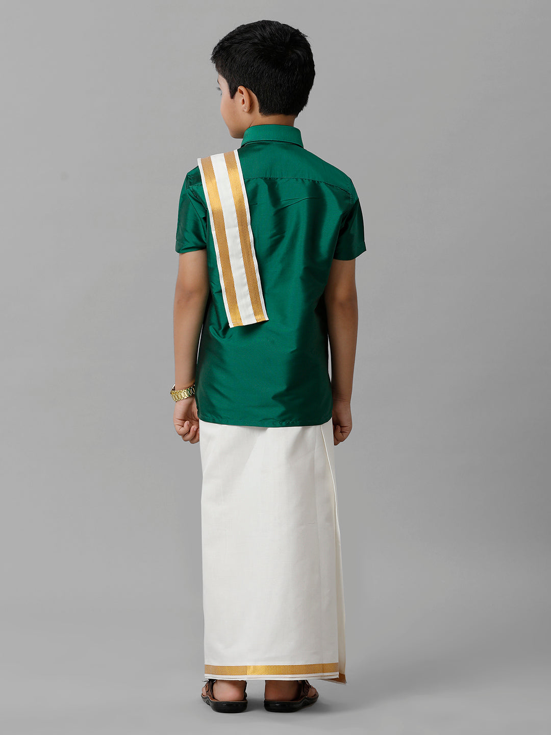 Boys Silk Cotton Green Half Sleeves Shirt with Adjustable Cream Dhoti Towel Combo K9-Back view