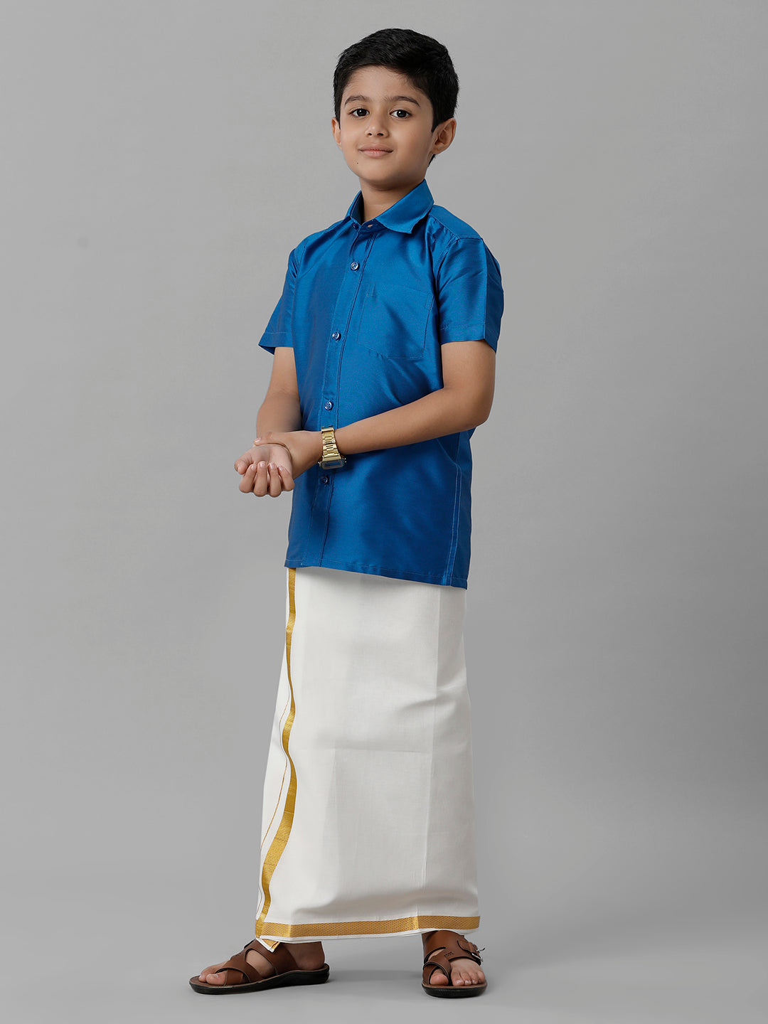 Boys Silk Cotton Royal Blue Half Sleeves Shirt with Adjustable Cream Dhoti Combo K10-Front view
